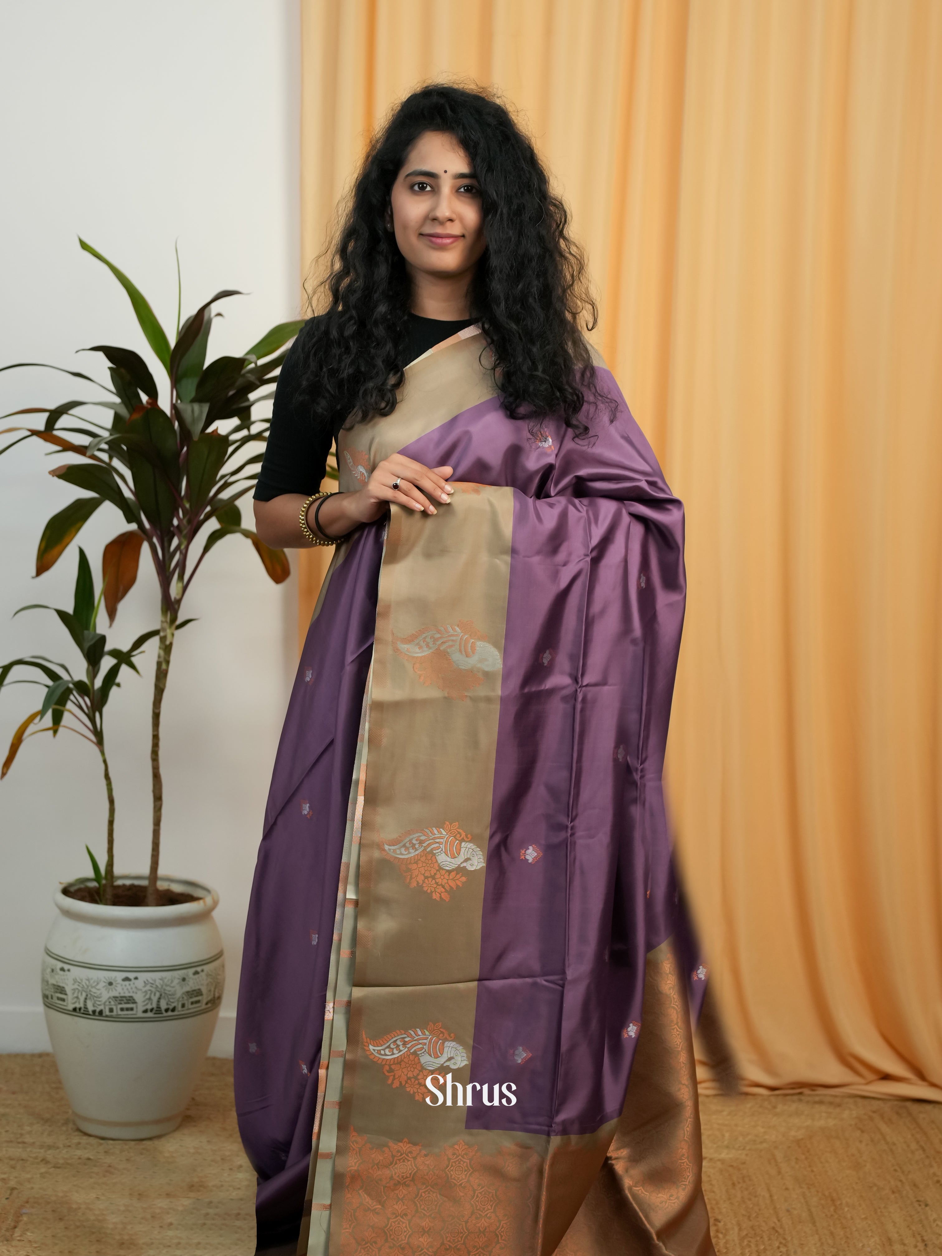 Purple & Grey- Semi Softsilk Saree - Shop on Shrus.com