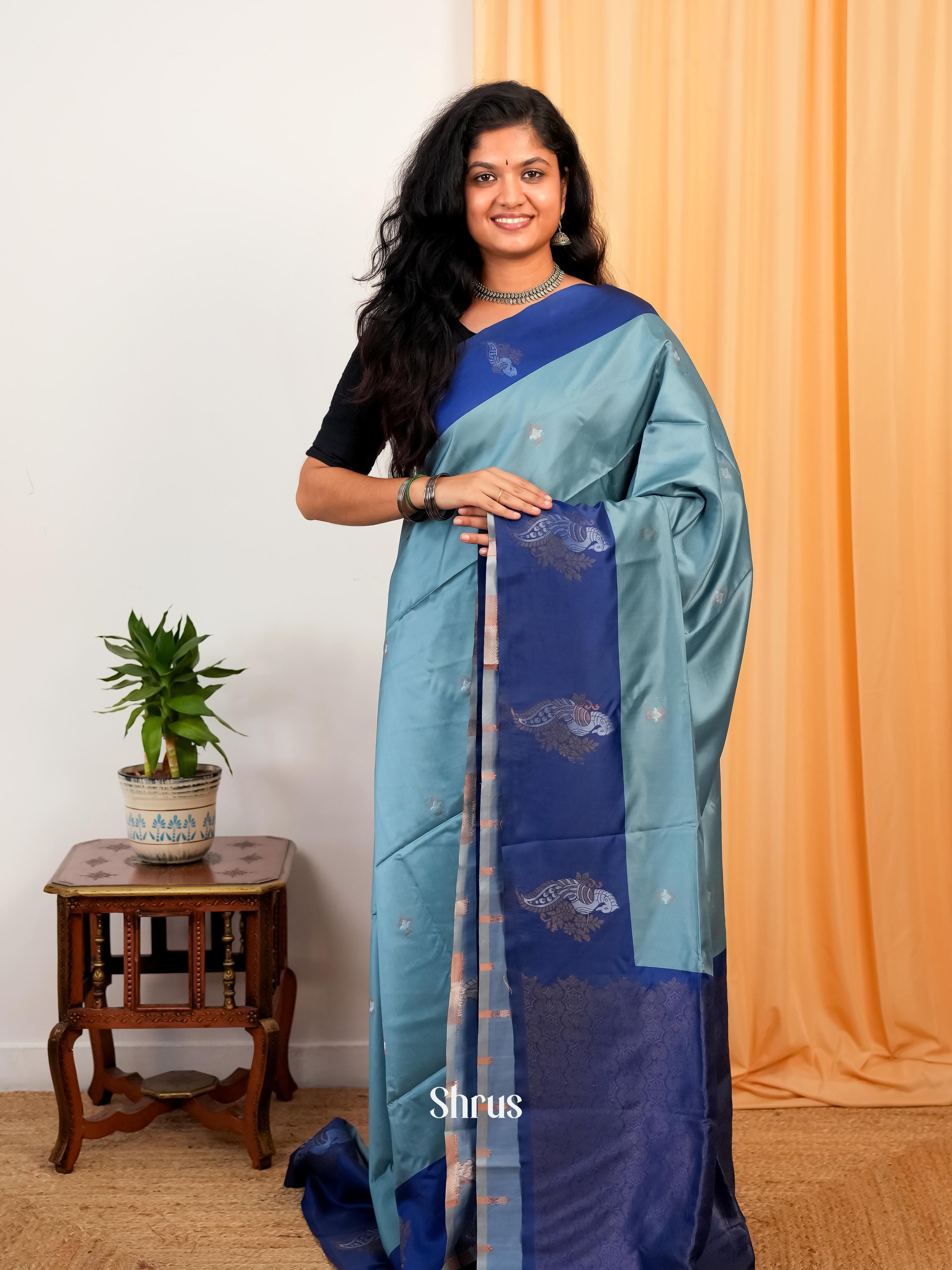 Grey & Blue - Semi Softsilk Saree - Shop on Shrus.com