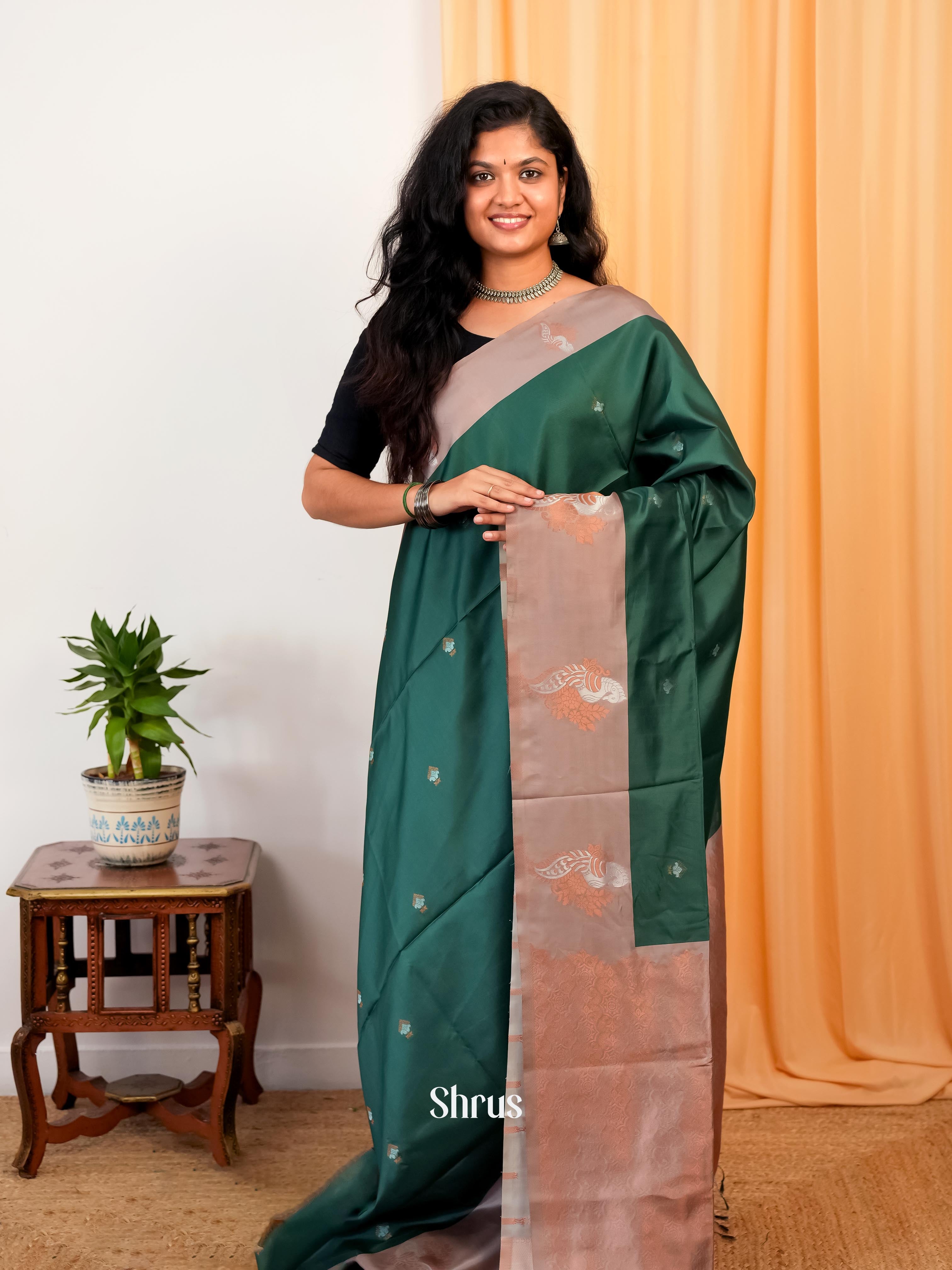 Green & Grey - Semi Softsilk Saree - Shop on Shrus.com