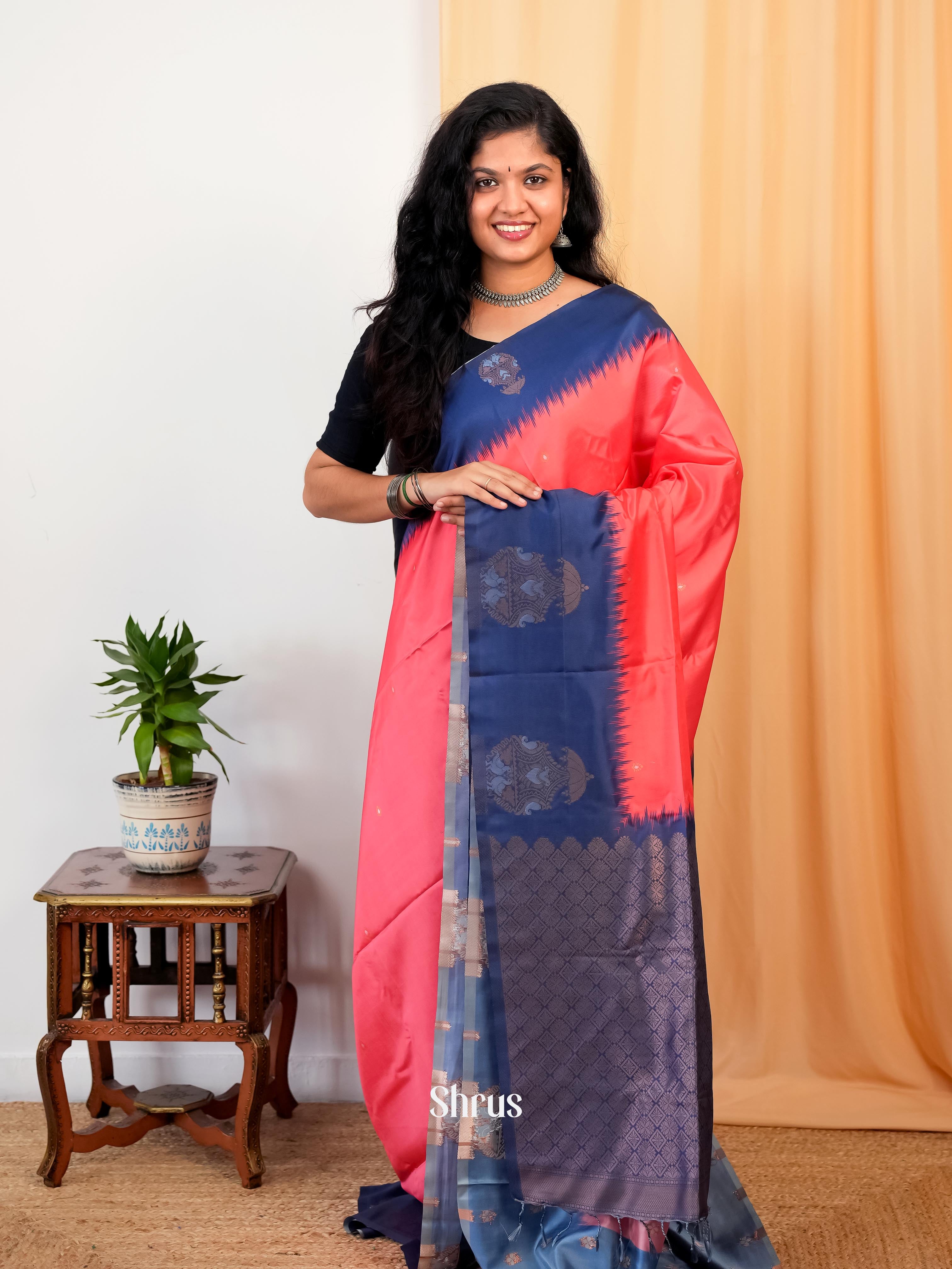 Pink & Blue - Semi Softsilk Saree - Shop on Shrus.com