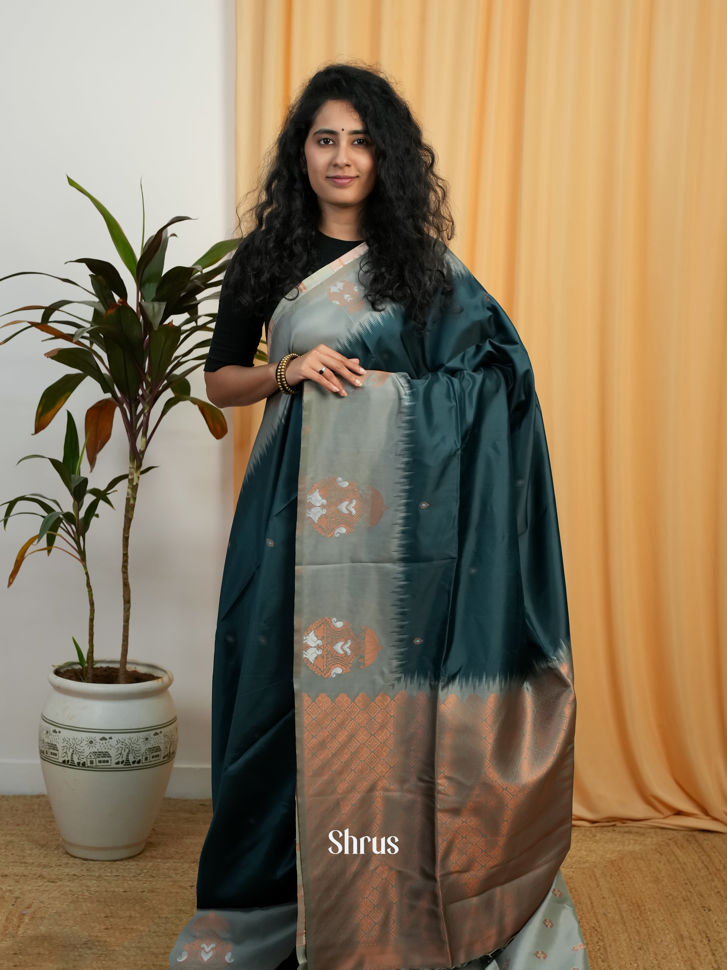 Green & Grey - Semi Softsilk Saree - Shop on Shrus.com