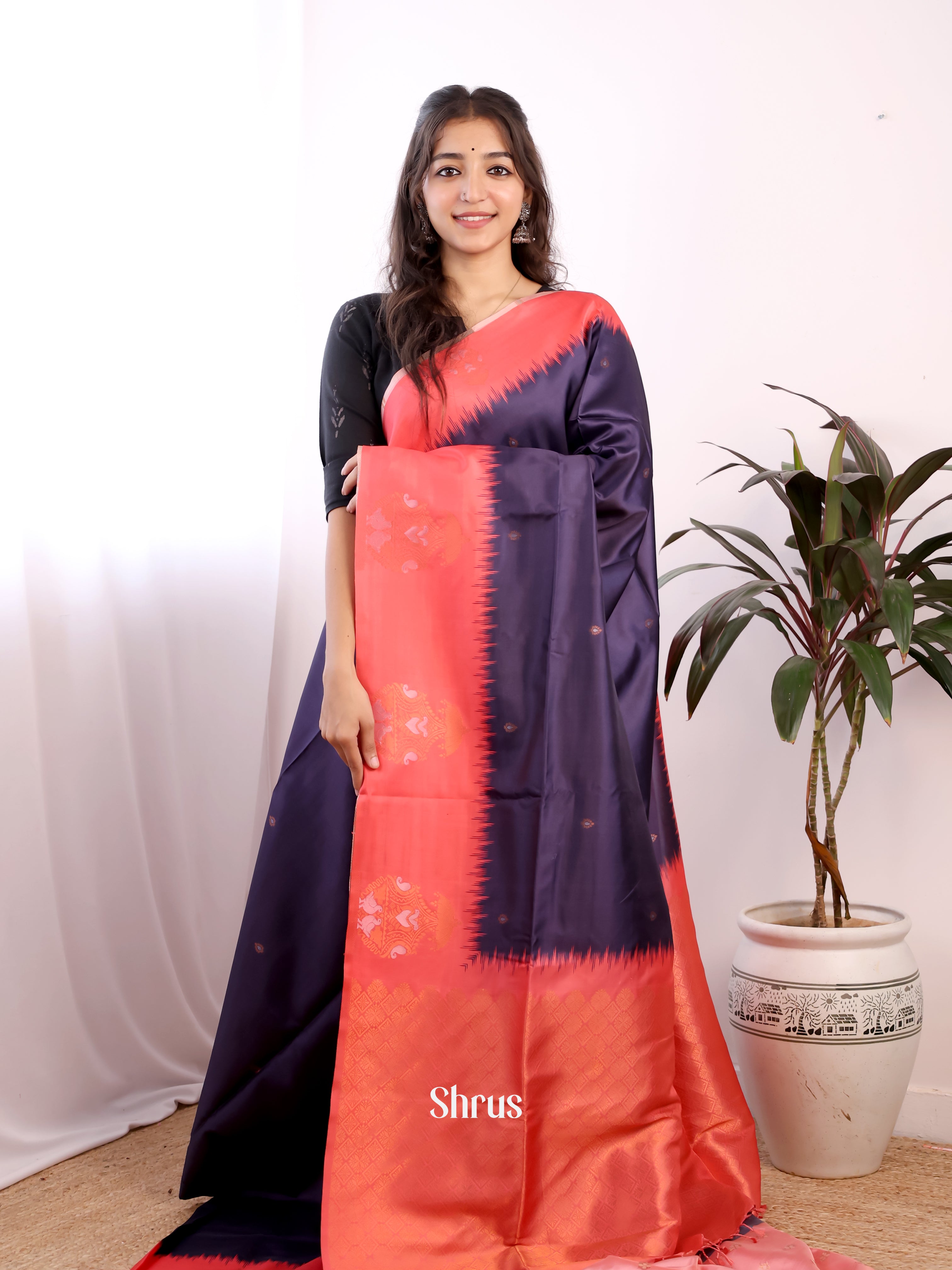 Violet & Red - Semi Softsilk Saree - Shop on Shrus.com