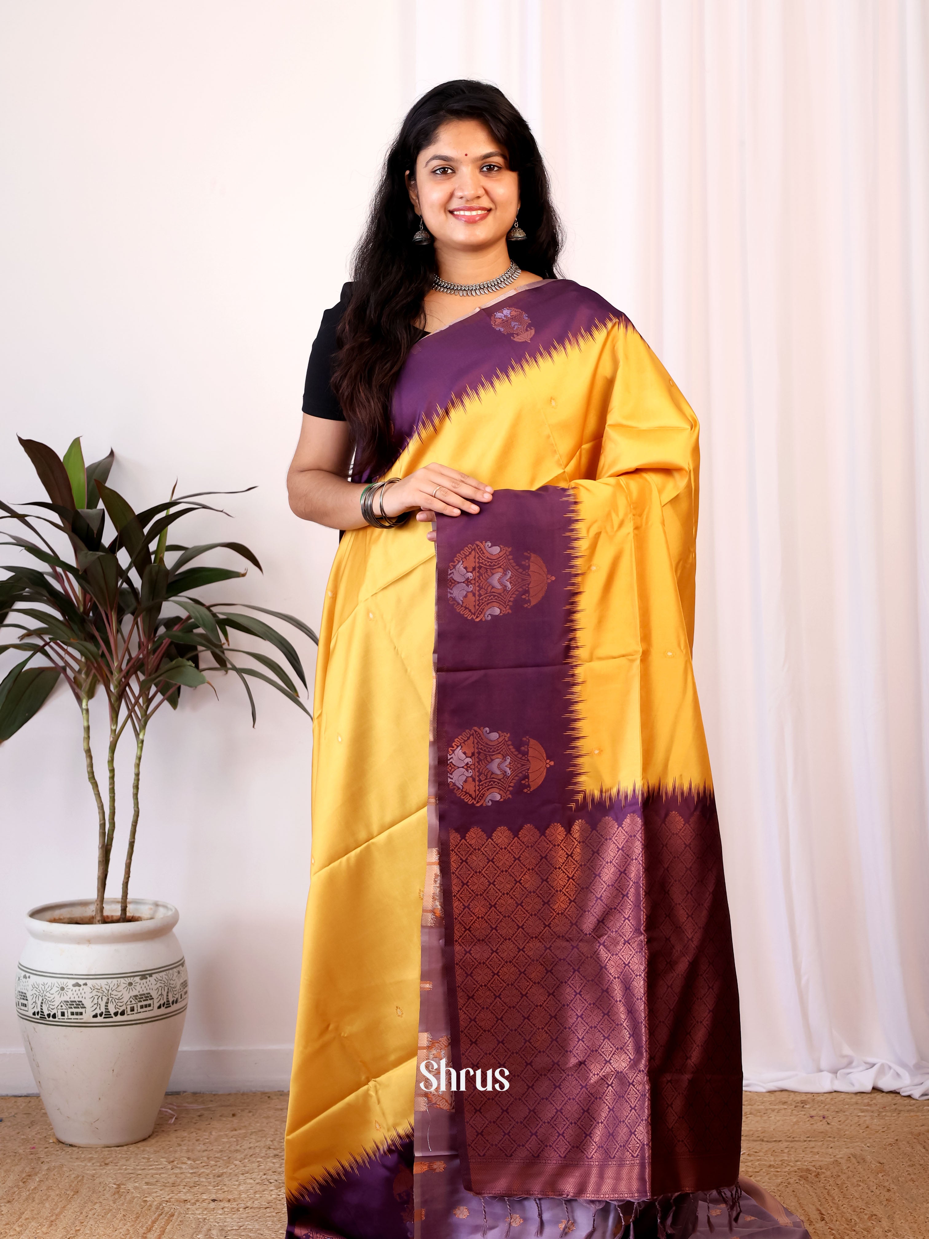 Yellow & Violet - Semi Softsilk Saree - Shop on Shrus.com