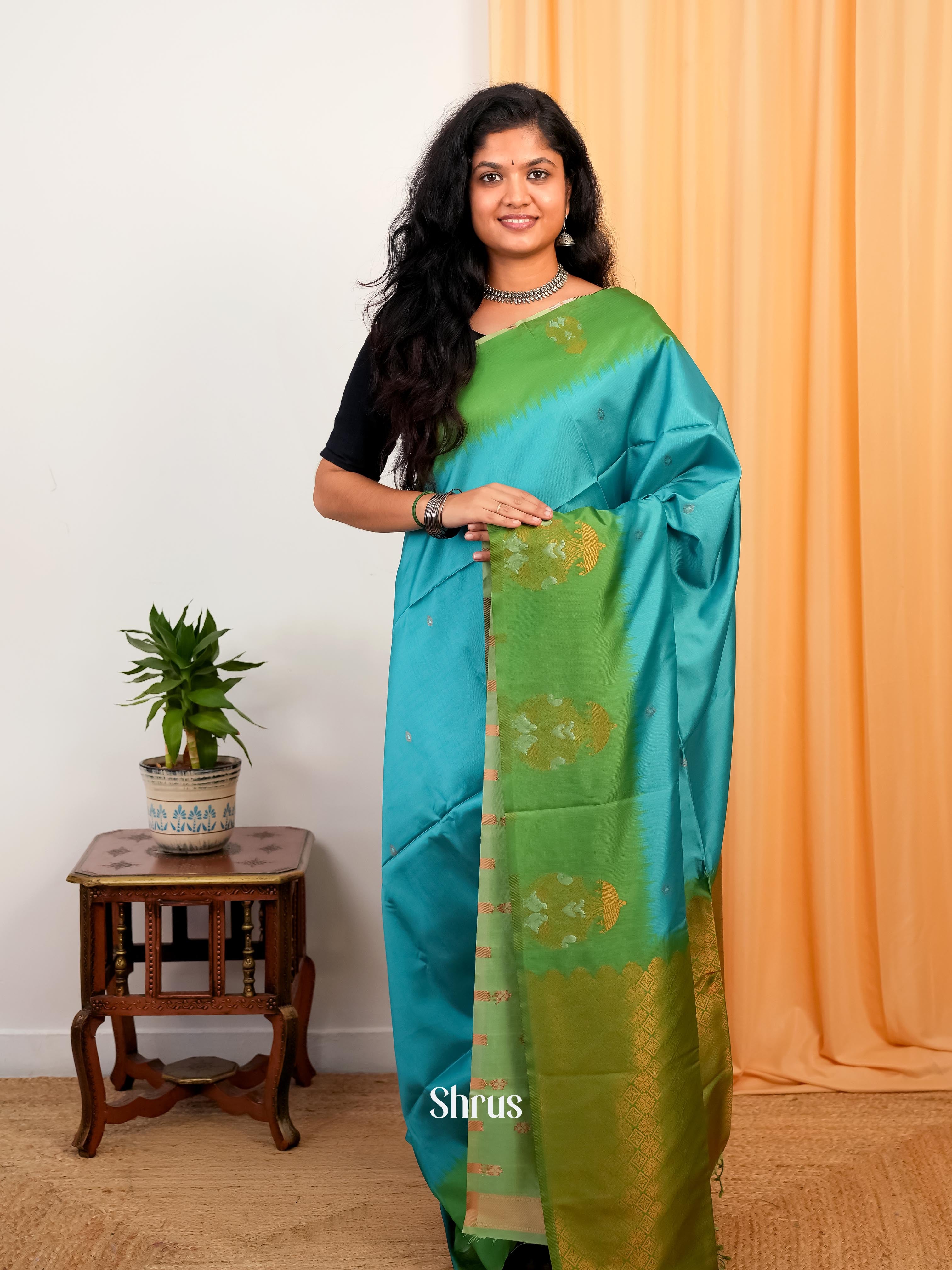 Blue & Green - Semi Softsilk Saree - Shop on Shrus.com
