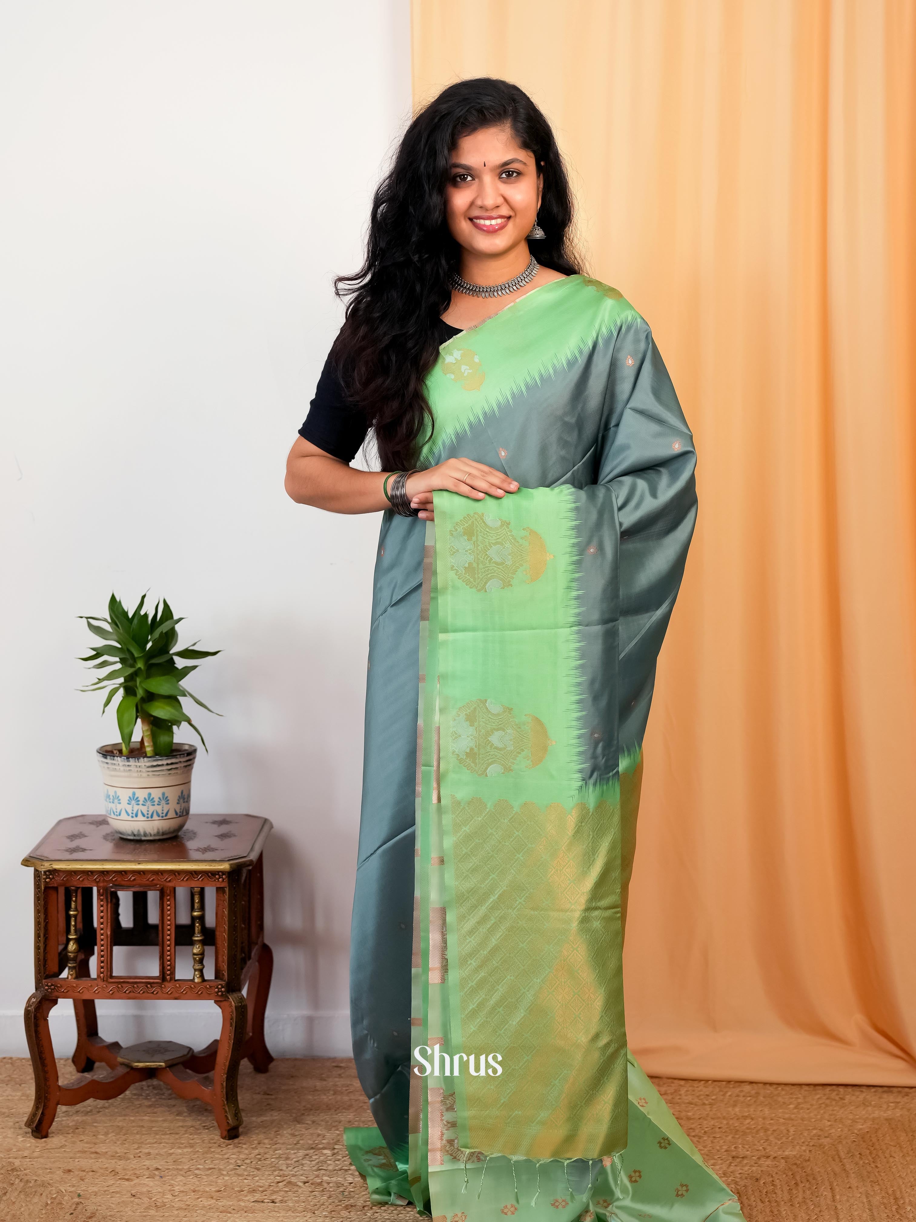 Grey & Green - Semi Softsilk Saree - Shop on Shrus.com