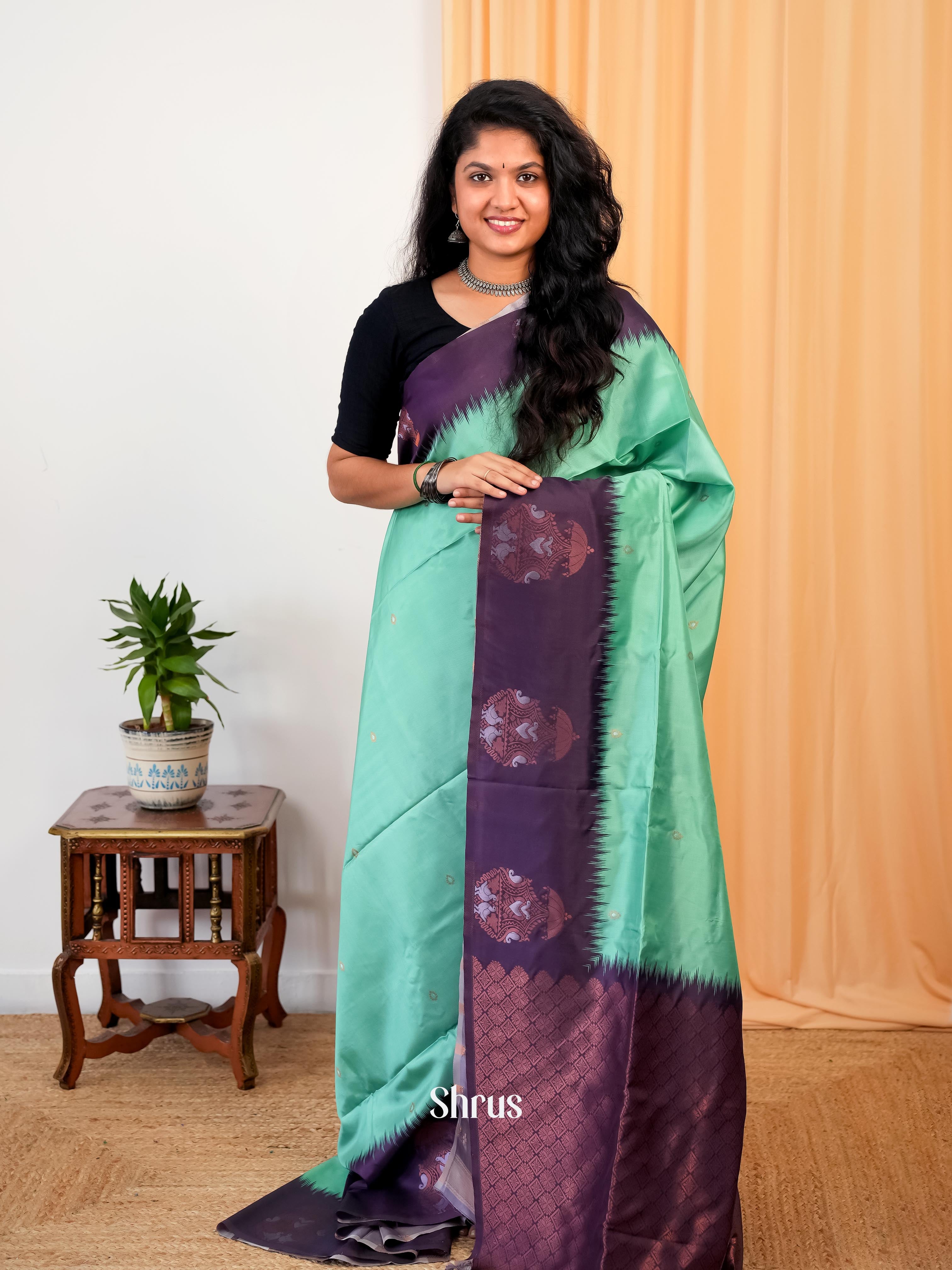 Teal & Purple - Semi Softsilk Saree - Shop on Shrus.com