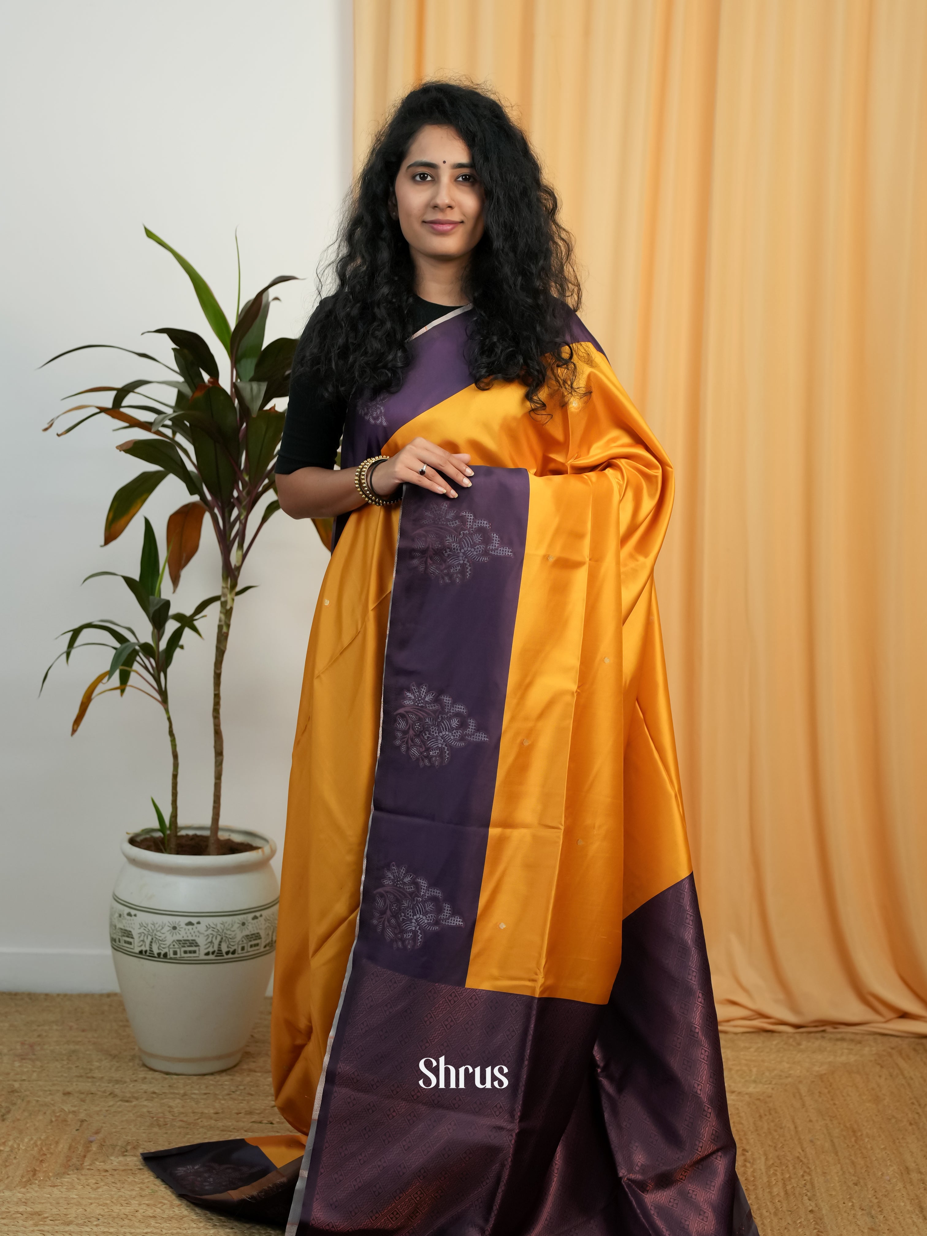 Mustard & Purple - Semi Softsilk Saree - Shop on Shrus.com