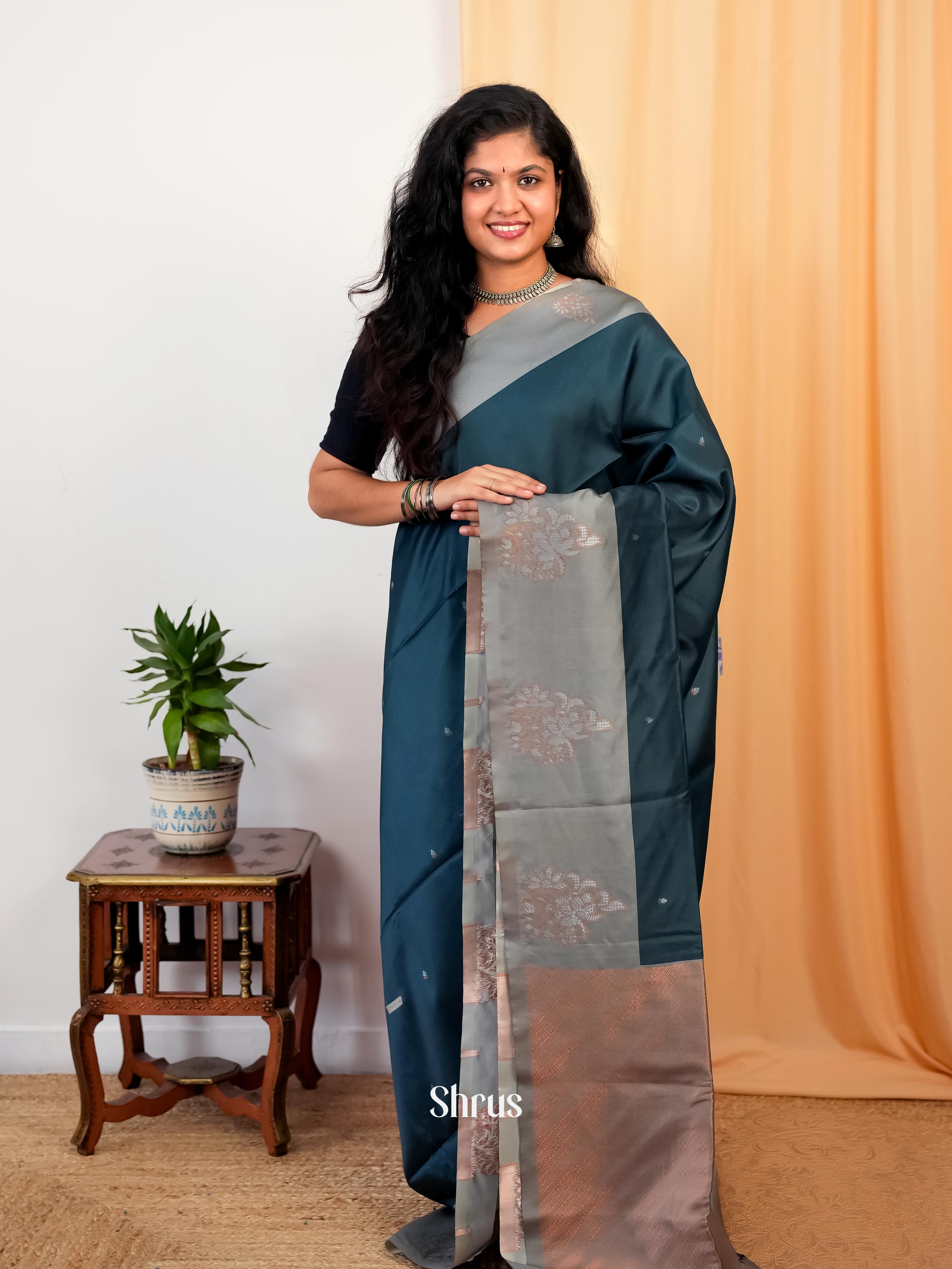 Blue & Grey - Semi Softsilk Saree - Shop on Shrus.com