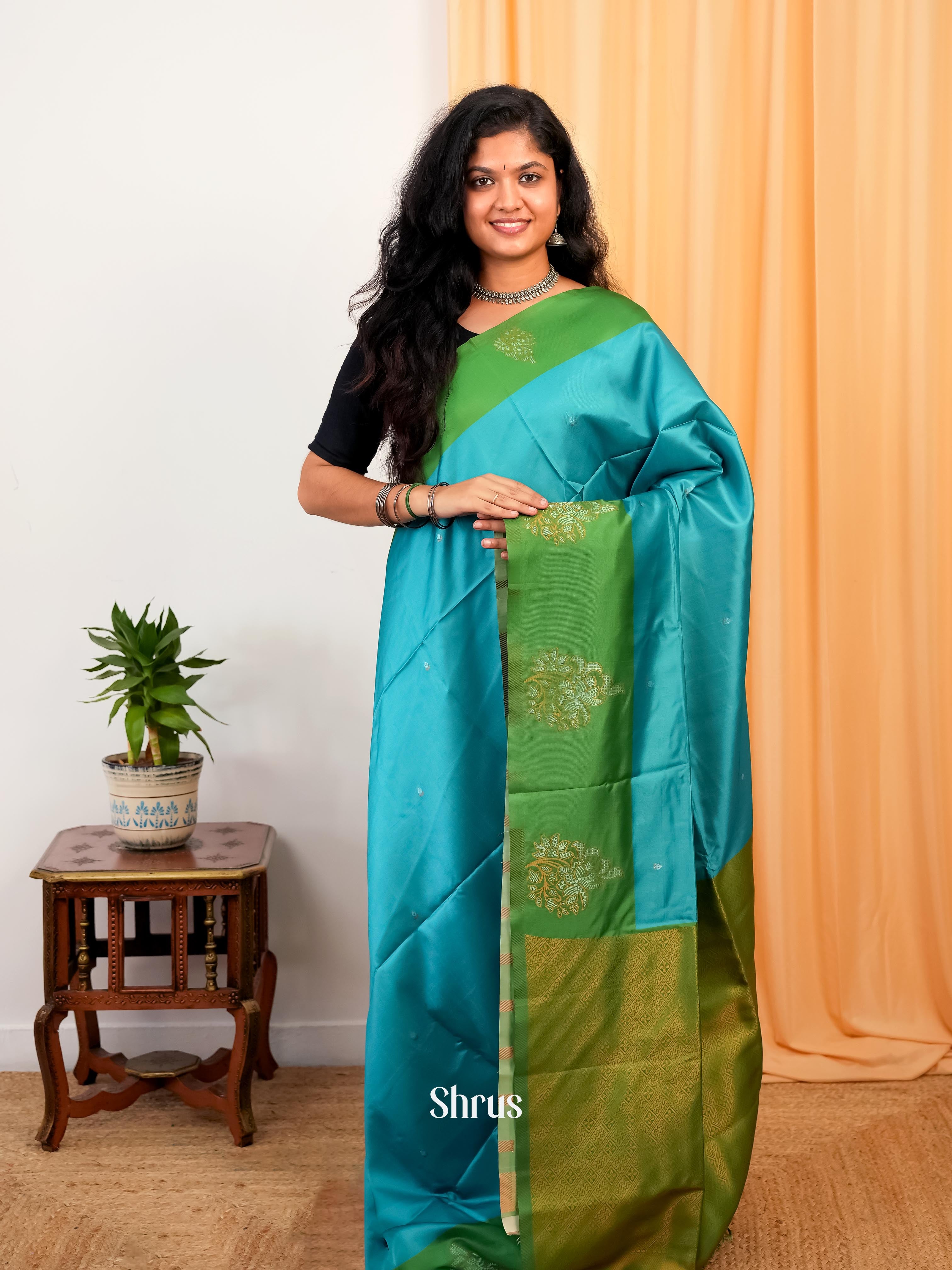 Blue & Green - Semi Softsilk Saree - Shop on Shrus.com