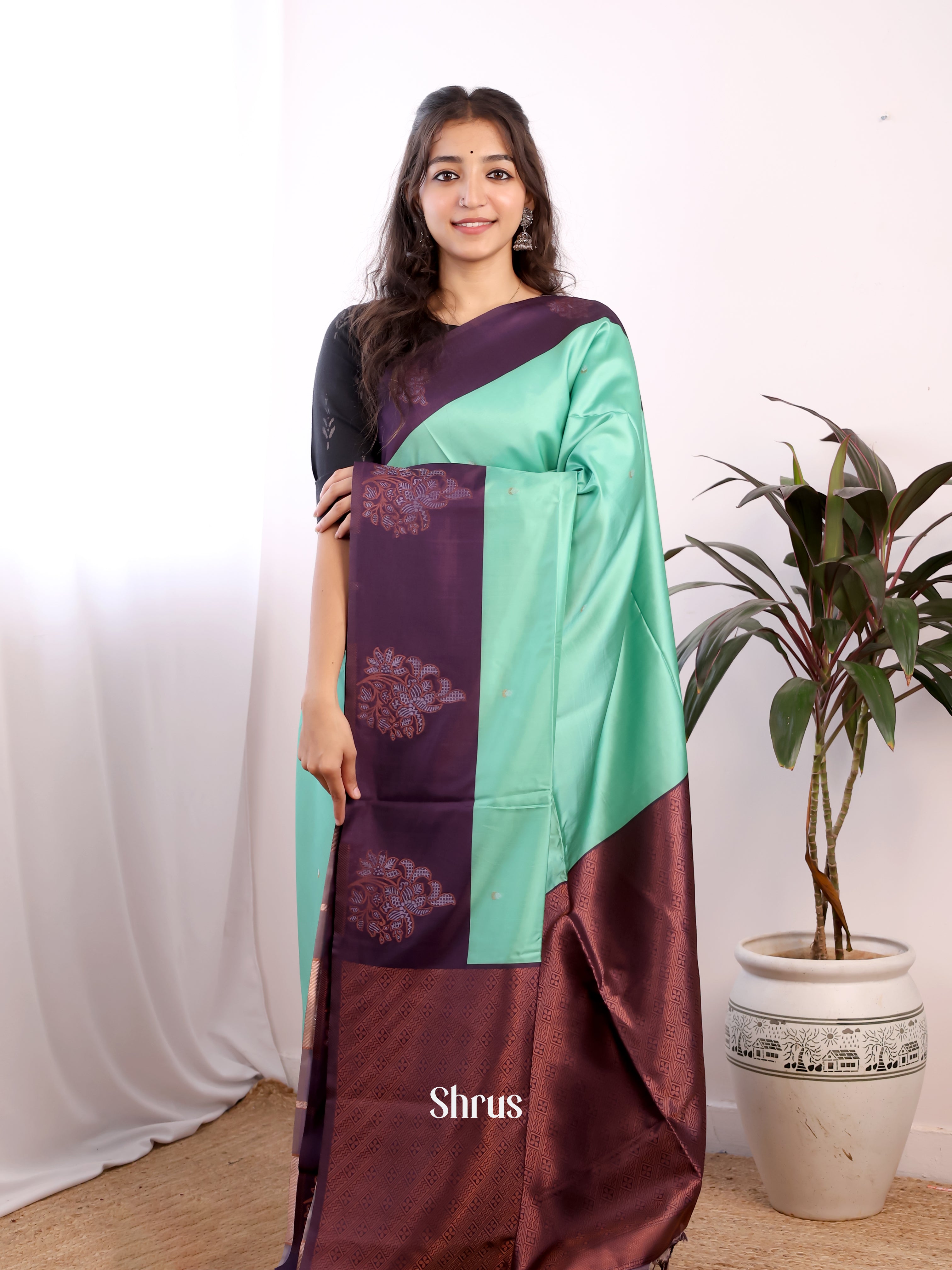 Pastel Green & Purple - Semi Softsilk Saree - Shop on Shrus.com