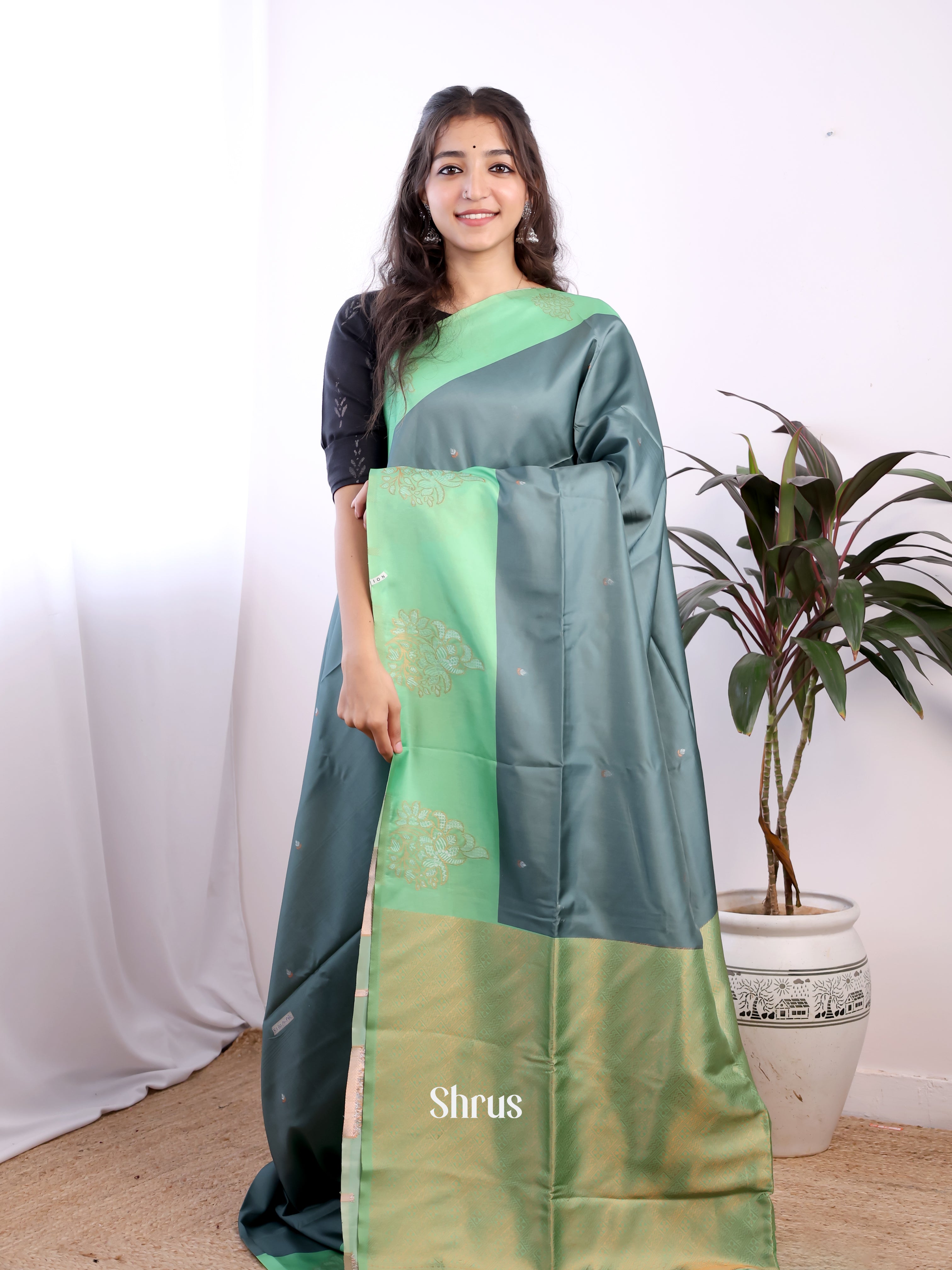 Grey & green - Semi Softsilk Saree - Shop on Shrus.com