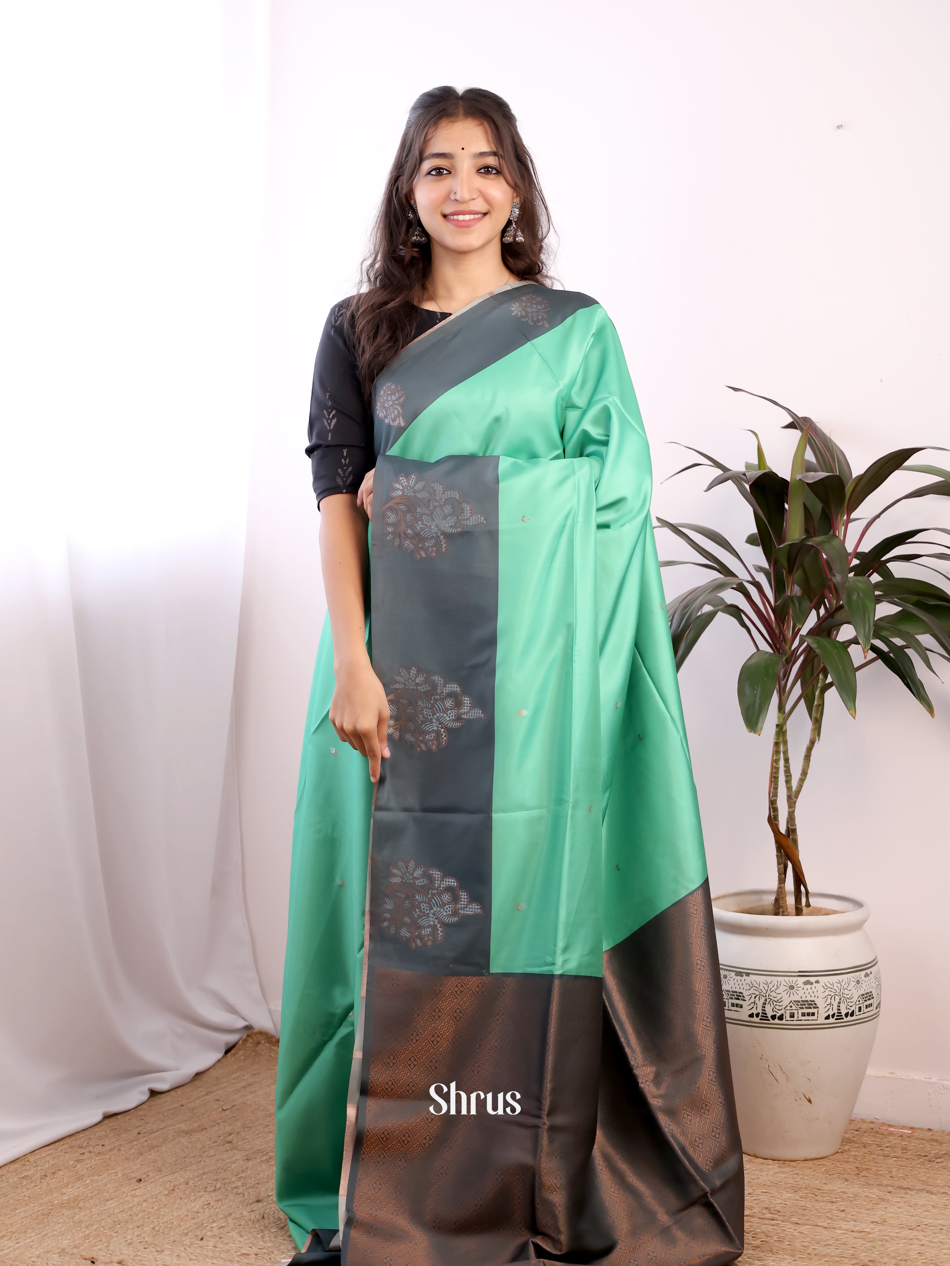 Green & Grey- Semi Softsilk Saree - Shop on Shrus.com