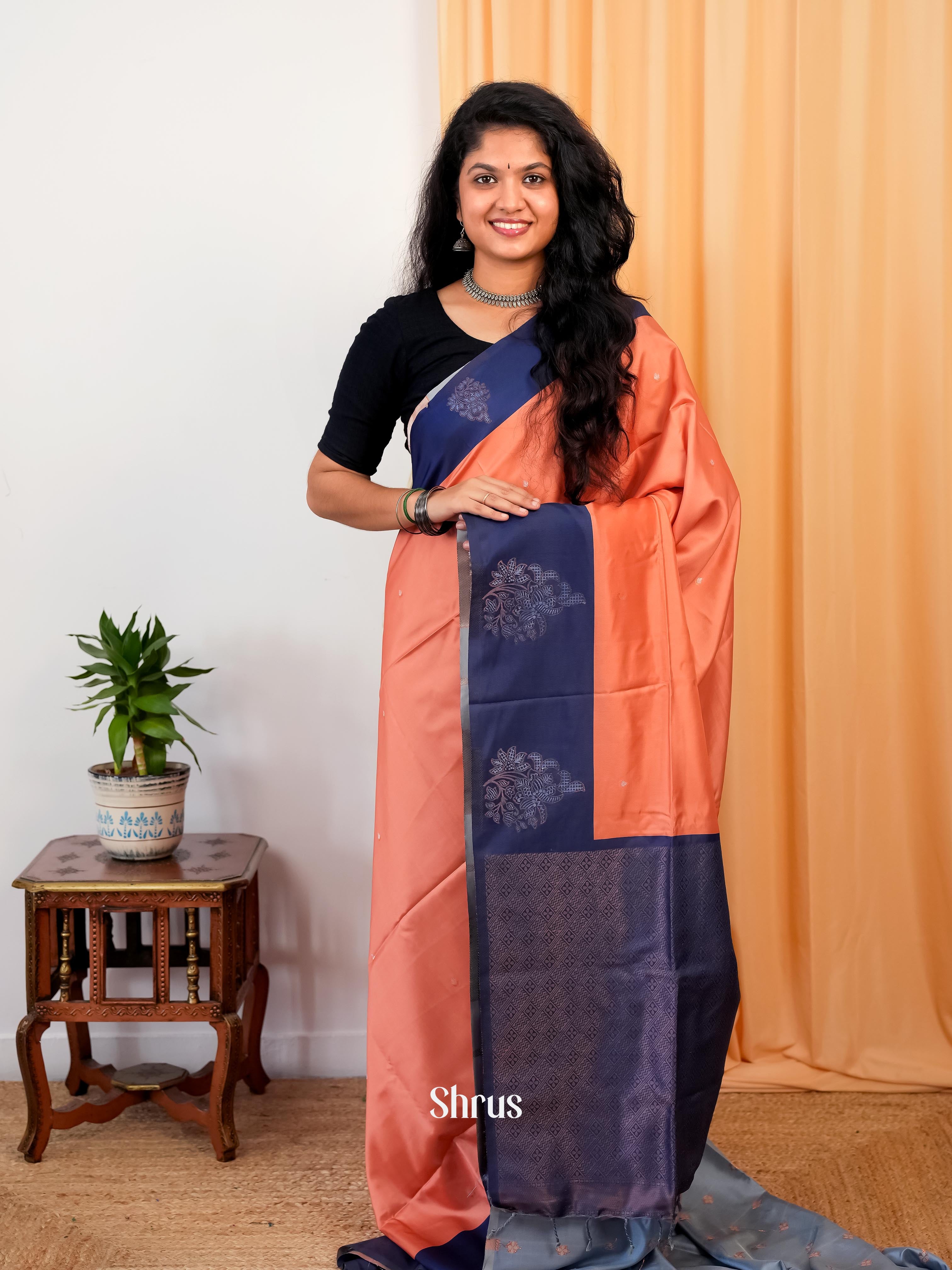 Peach & Blue - Semi Softsilk Saree - Shop on Shrus.com