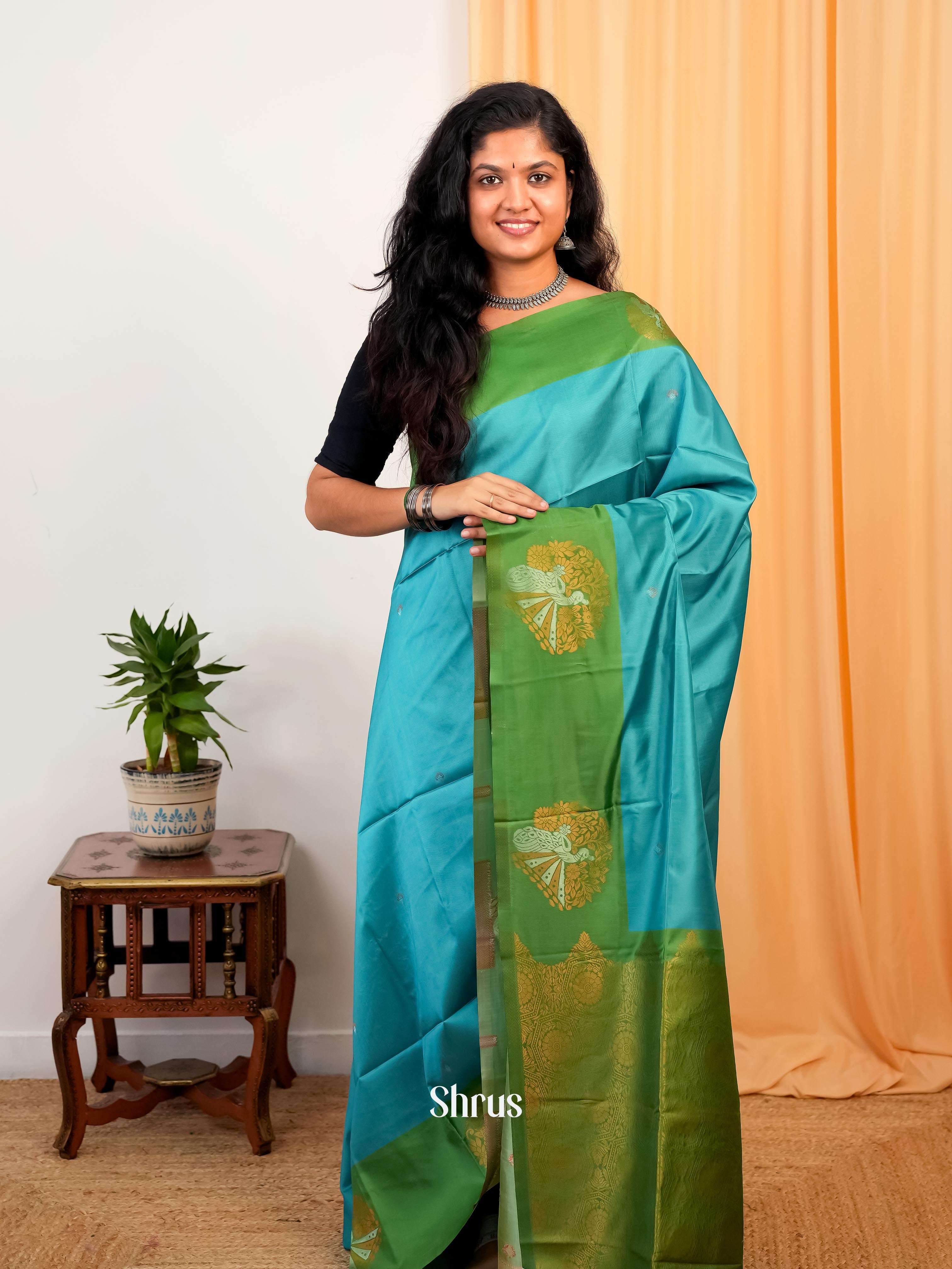 Blue & Green - Semi Softsilk Saree - Shop on Shrus.com