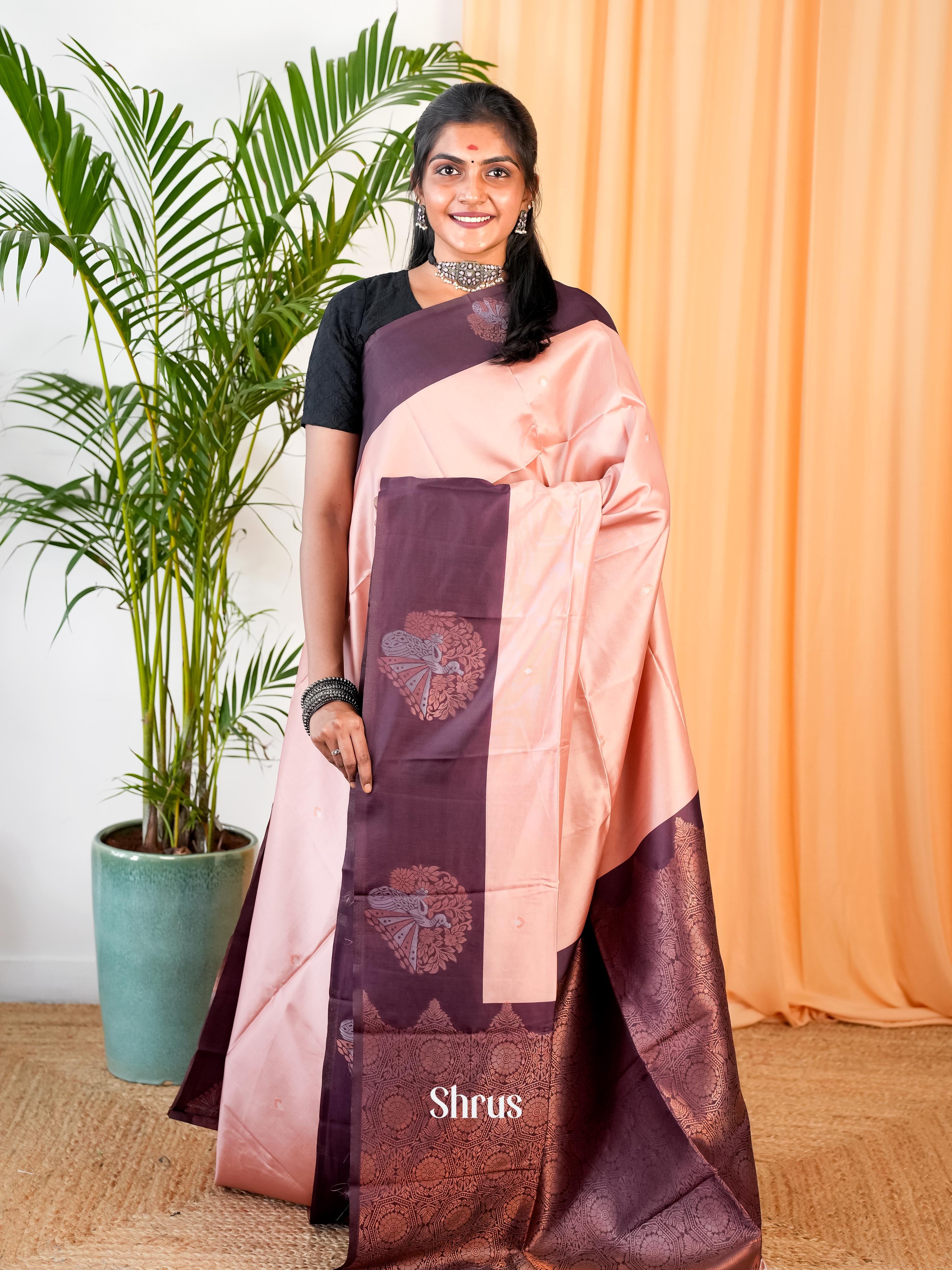 Pink & Brown- Semi Softsilk Saree - Shop on Shrus.com