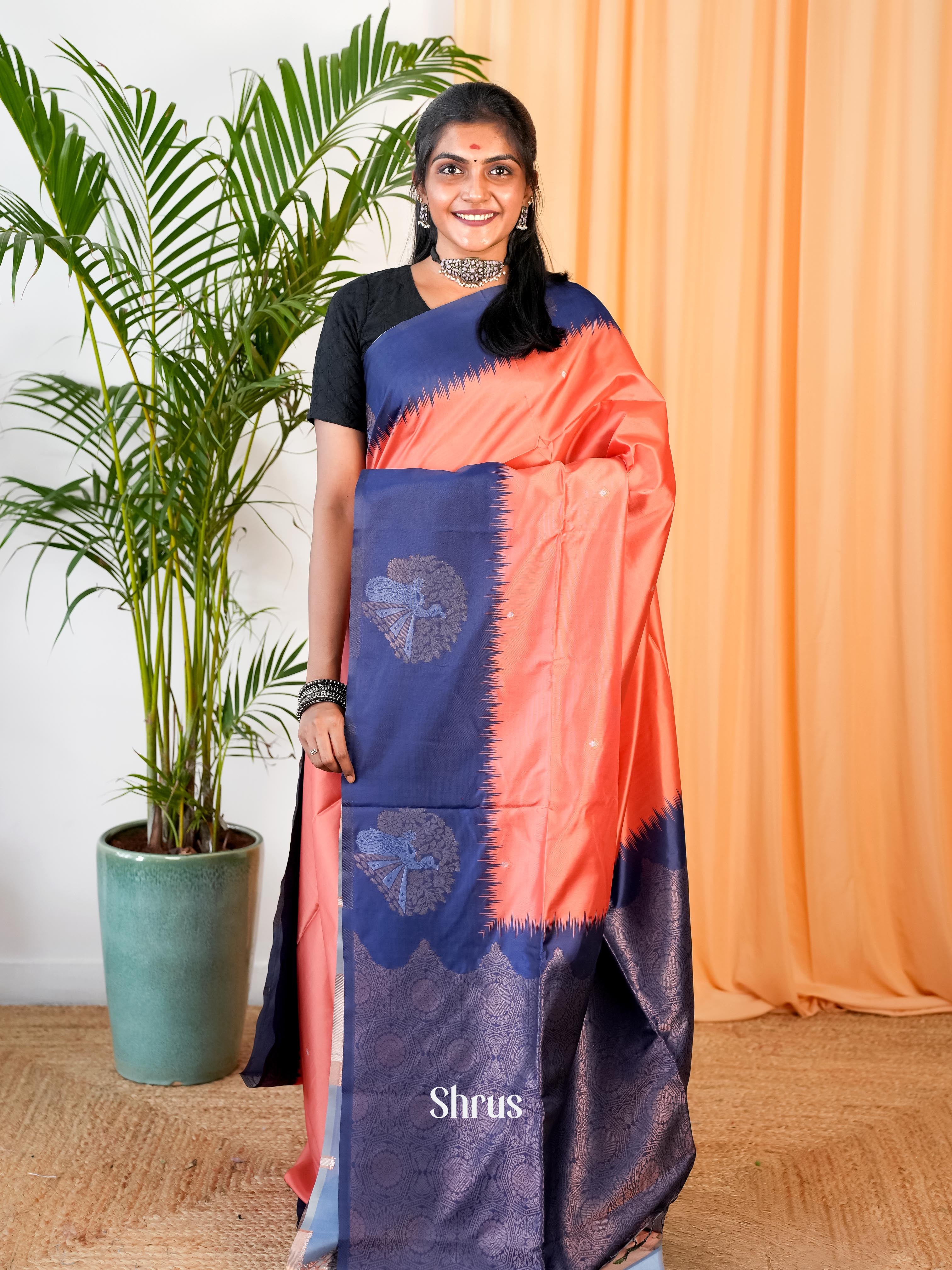 Peach & Blue - Semi Softsilk Saree - Shop on Shrus.com