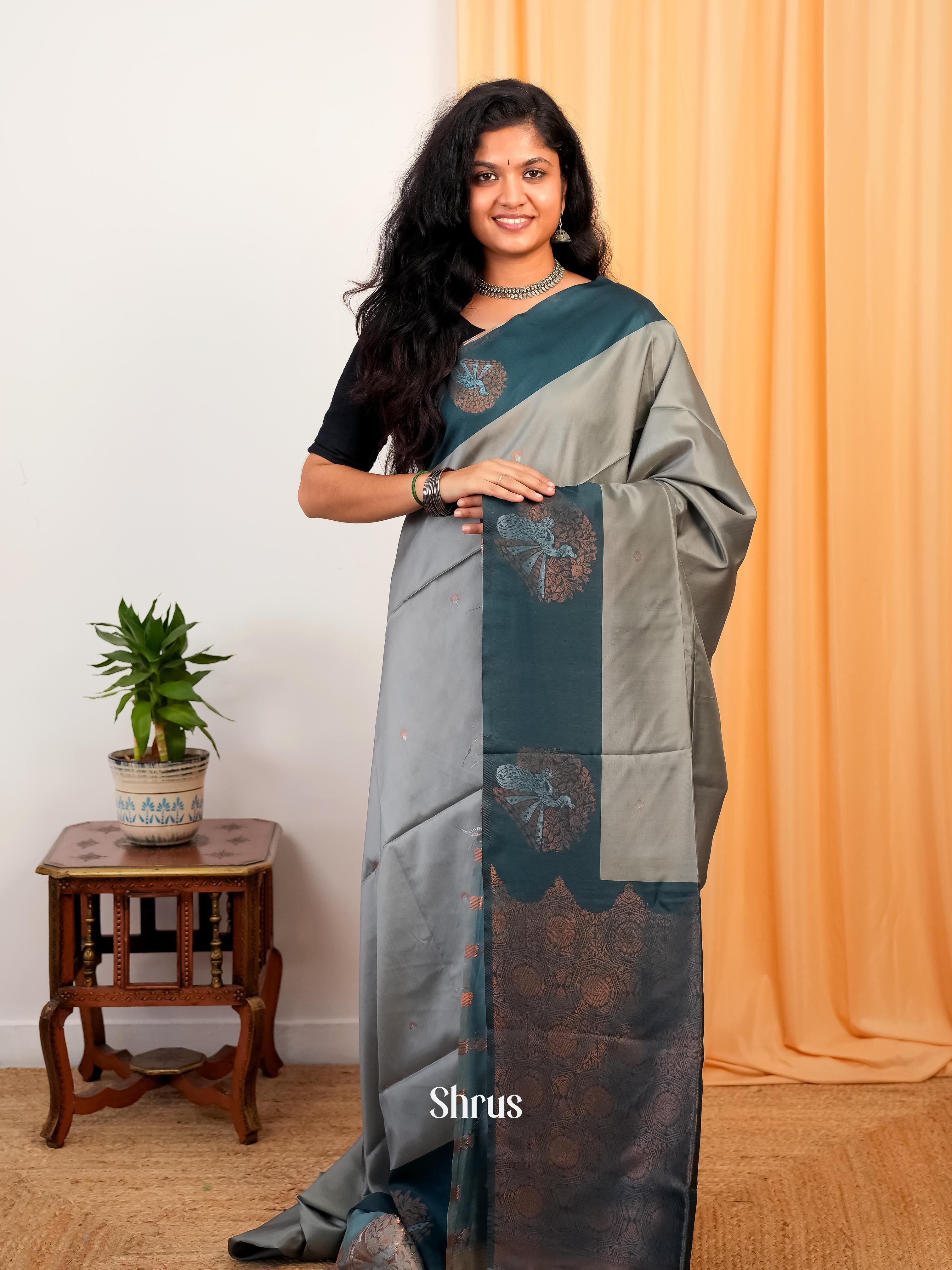 Grey & Blue - Semi Softsilk Saree - Shop on Shrus.com