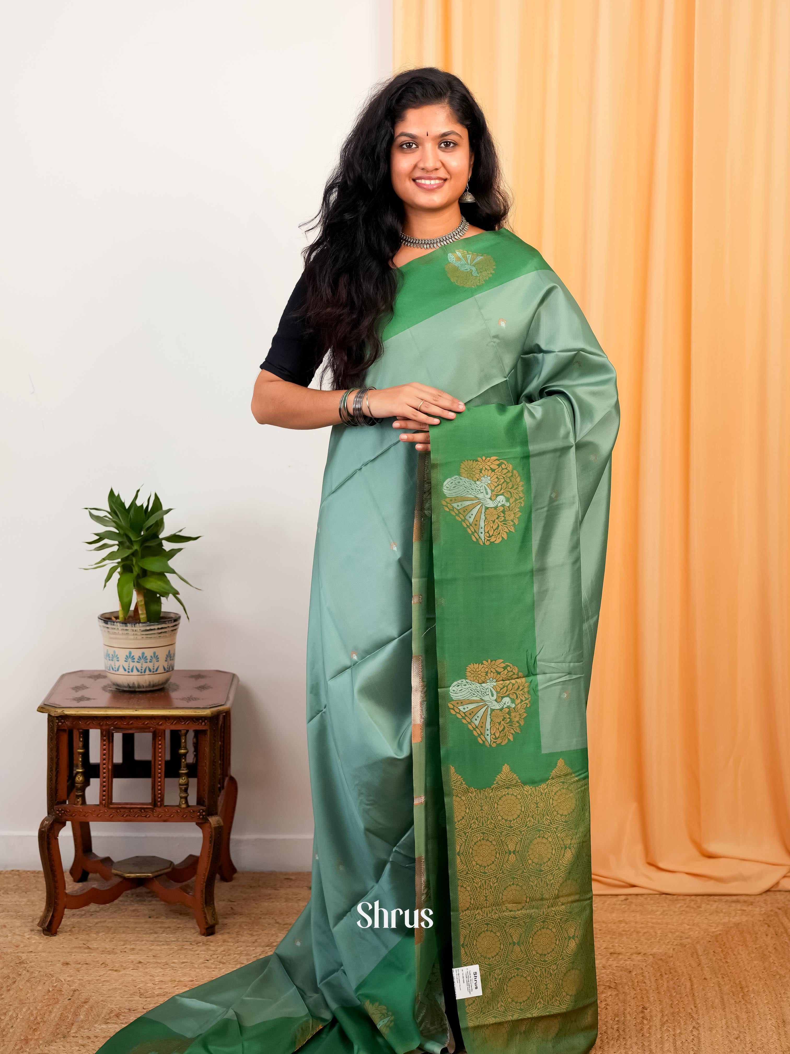 Grey Green & Green - Semi Softsilk Saree - Shop on Shrus.com