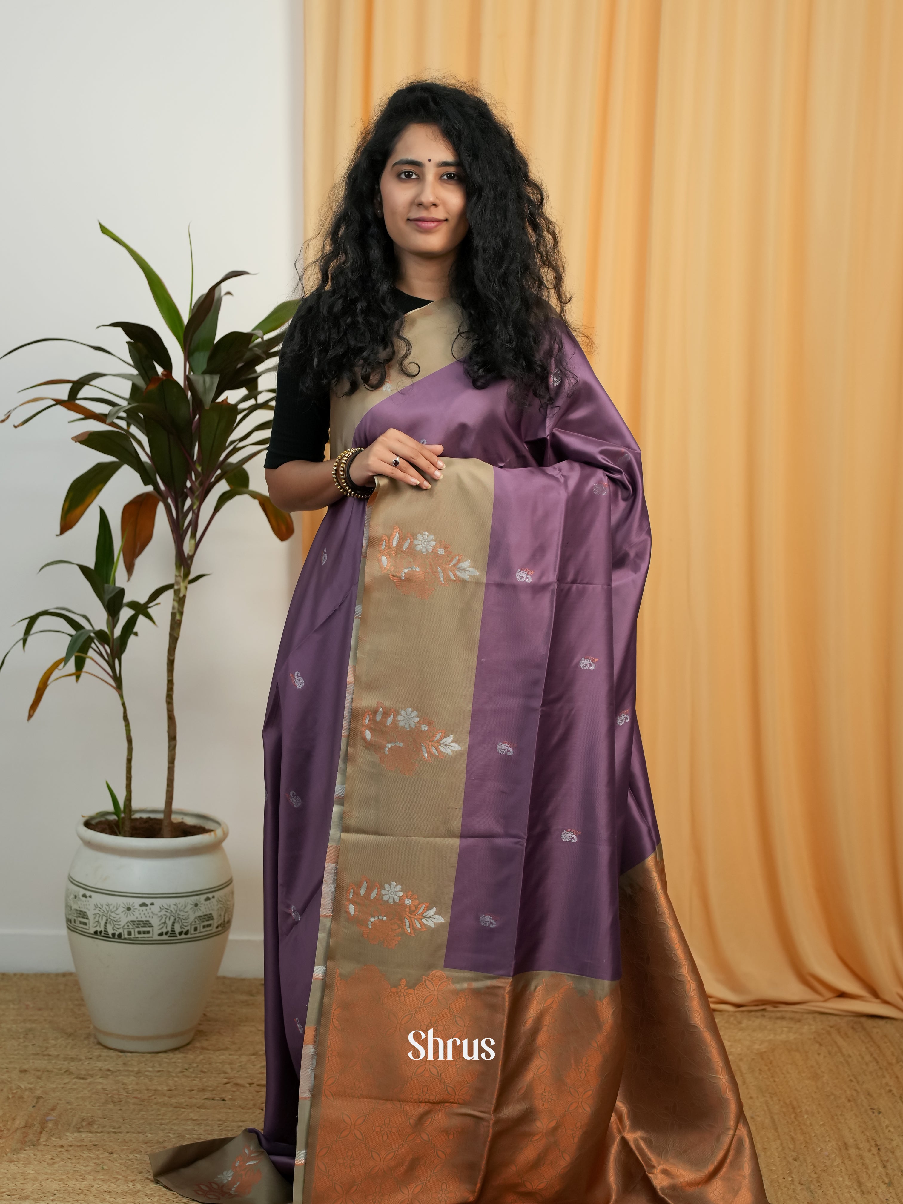 Purple & Grey - Semi Softsilk Saree - Shop on Shrus.com