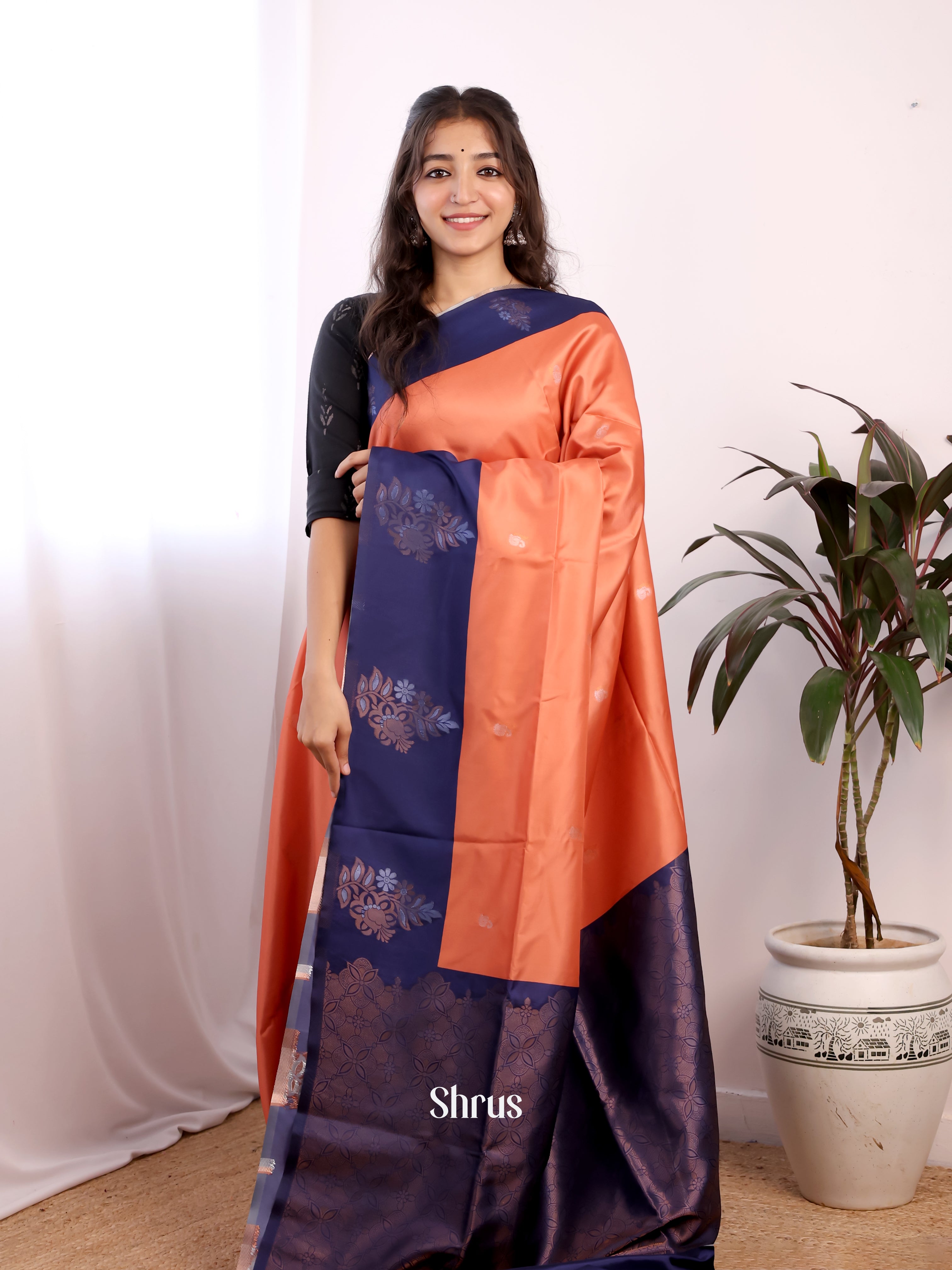 Orange & Blue - Semi Softsilk Saree - Shop on Shrus.com