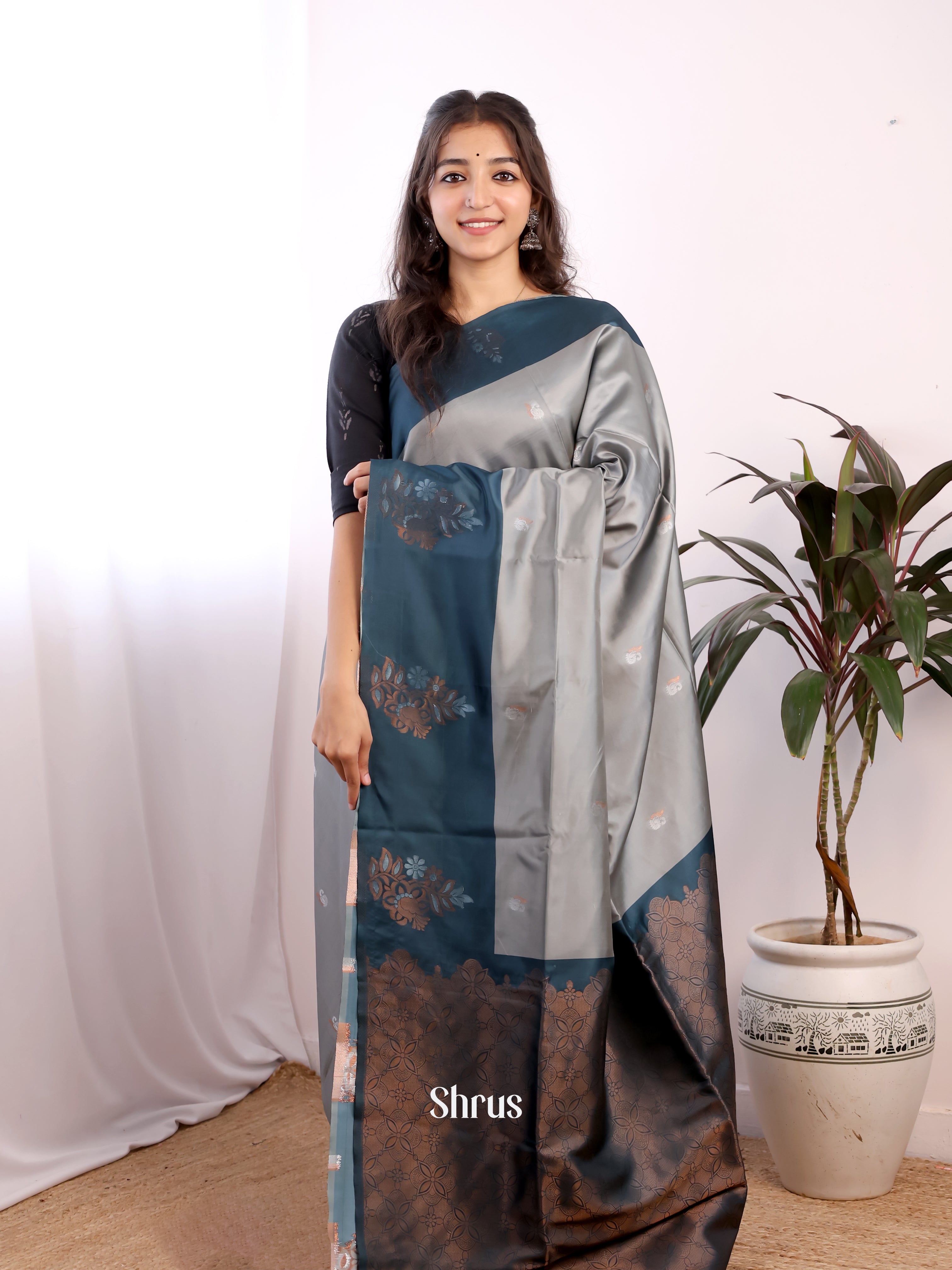 Grey & Blue - Semi Softsilk Saree - Shop on Shrus.com