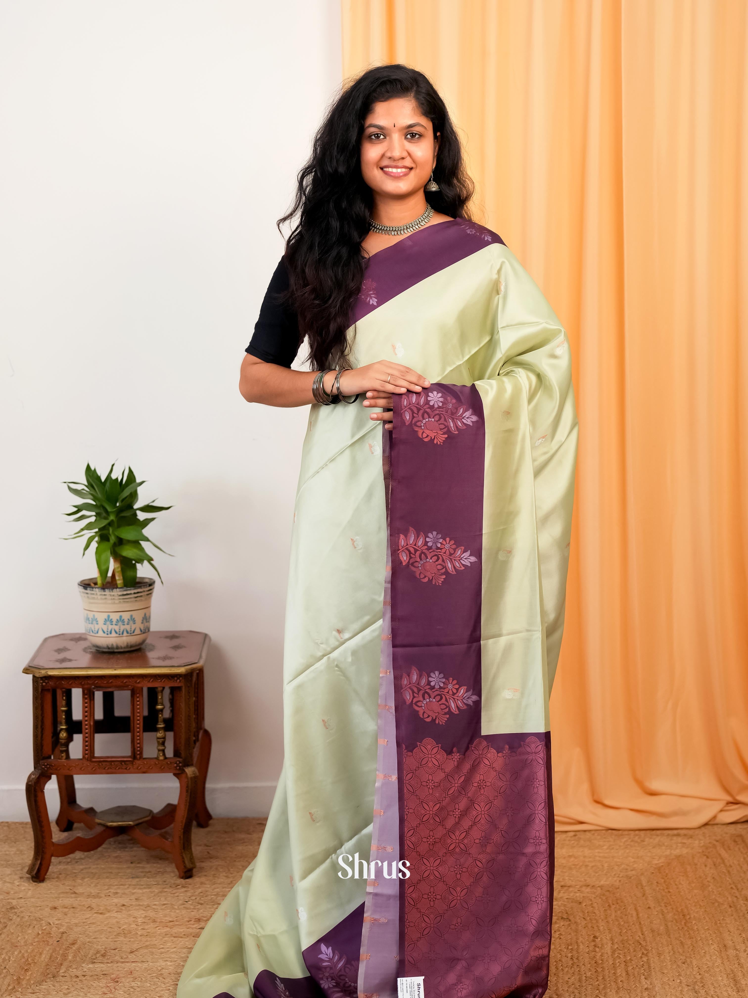 Pastel Green & Purple - Semi Softsilk Saree - Shop on Shrus.com