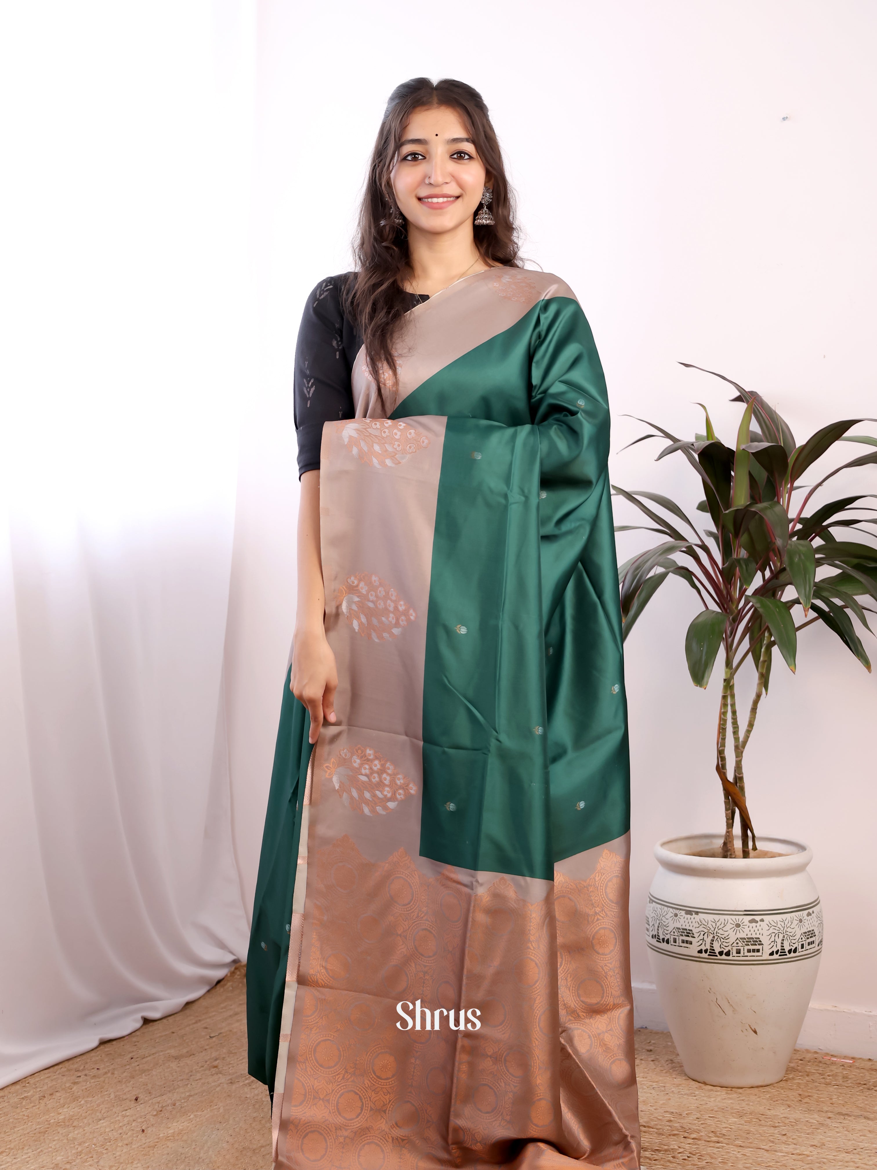 Green & Grey - Semi Softsilk Saree - Shop on Shrus.com