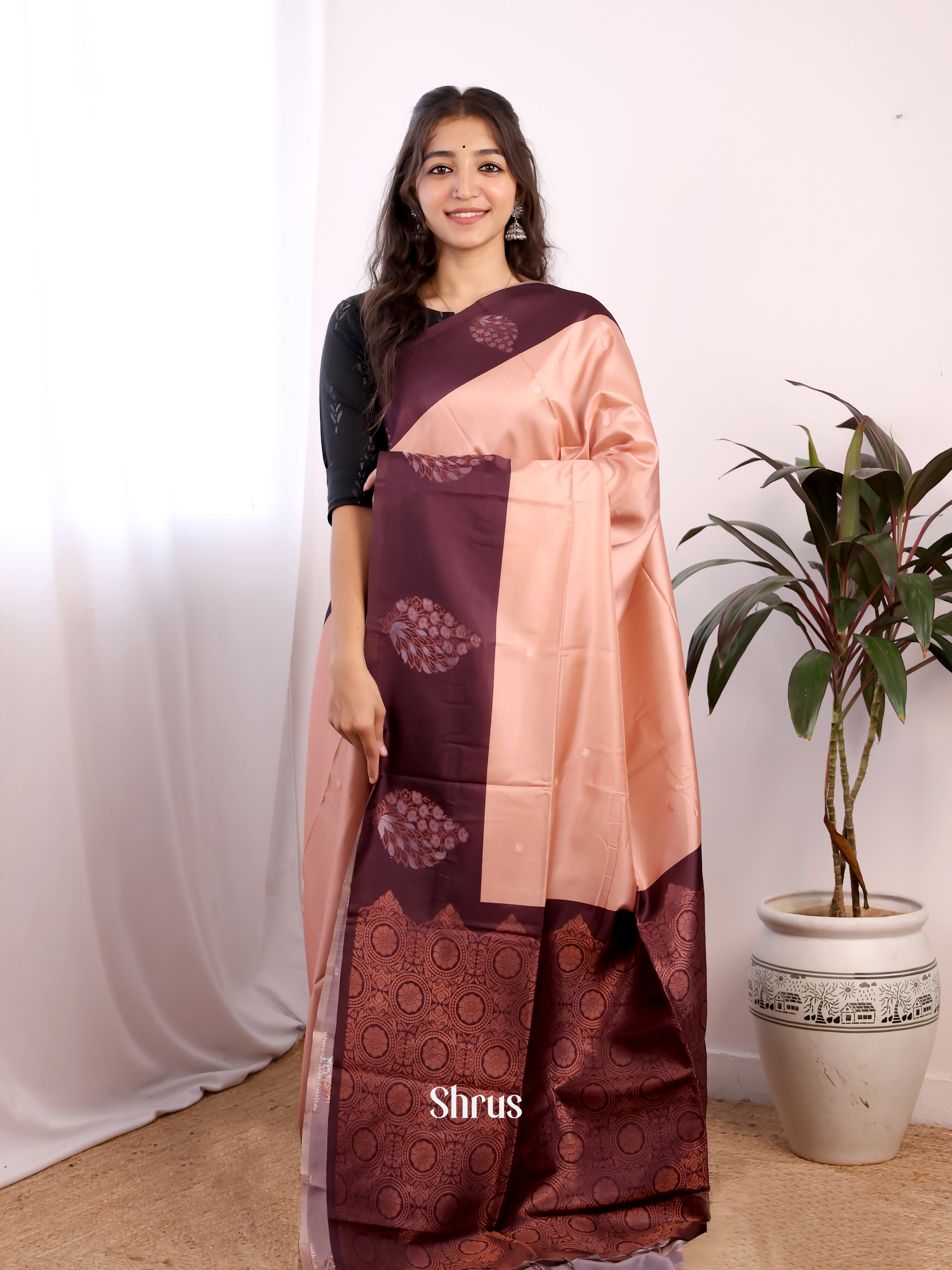 Peach & Brown - Semi Softsilk Saree - Shop on Shrus.com