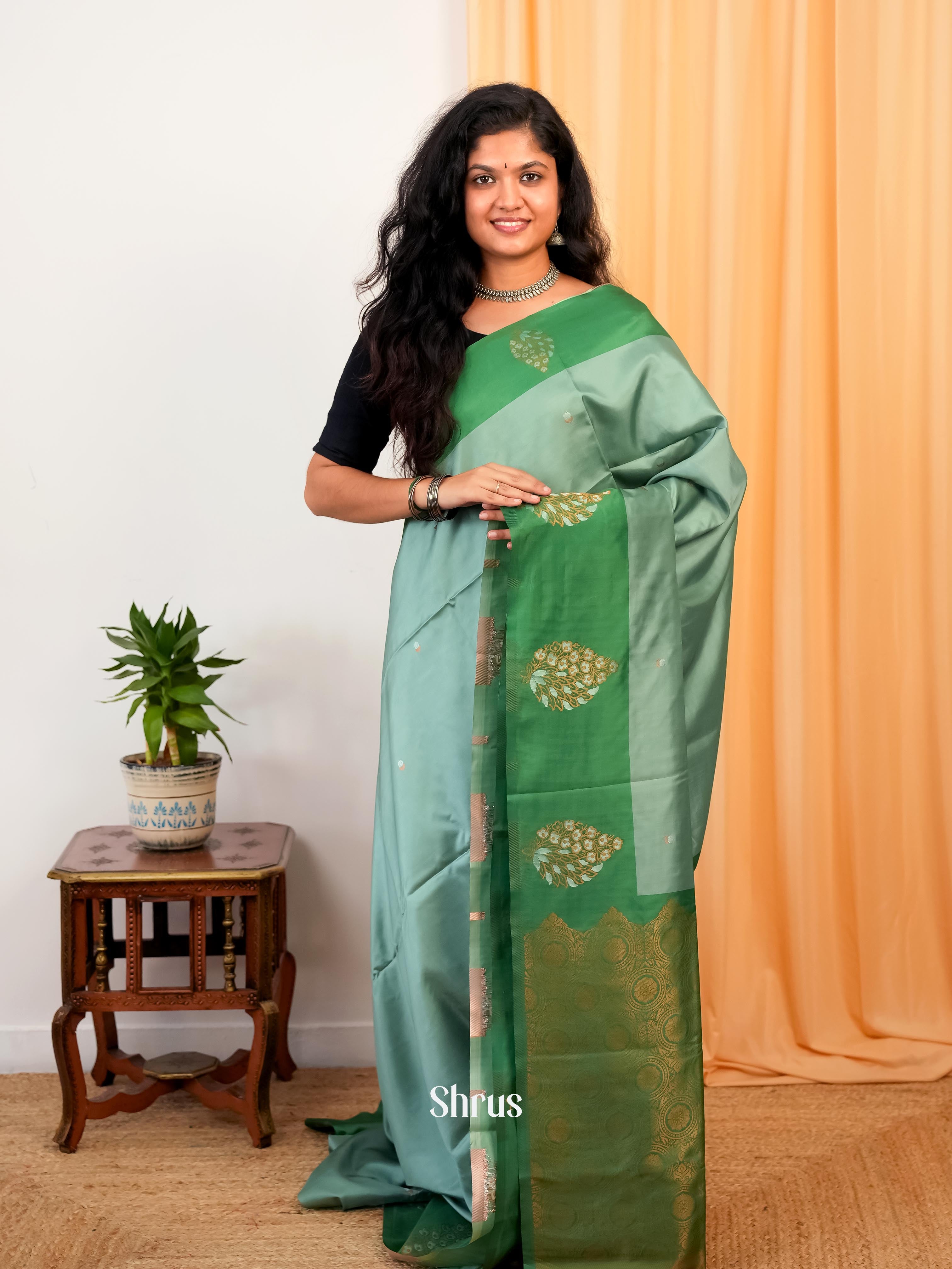 Grey Green & Green - Semi Softsilk Saree - Shop on Shrus.com