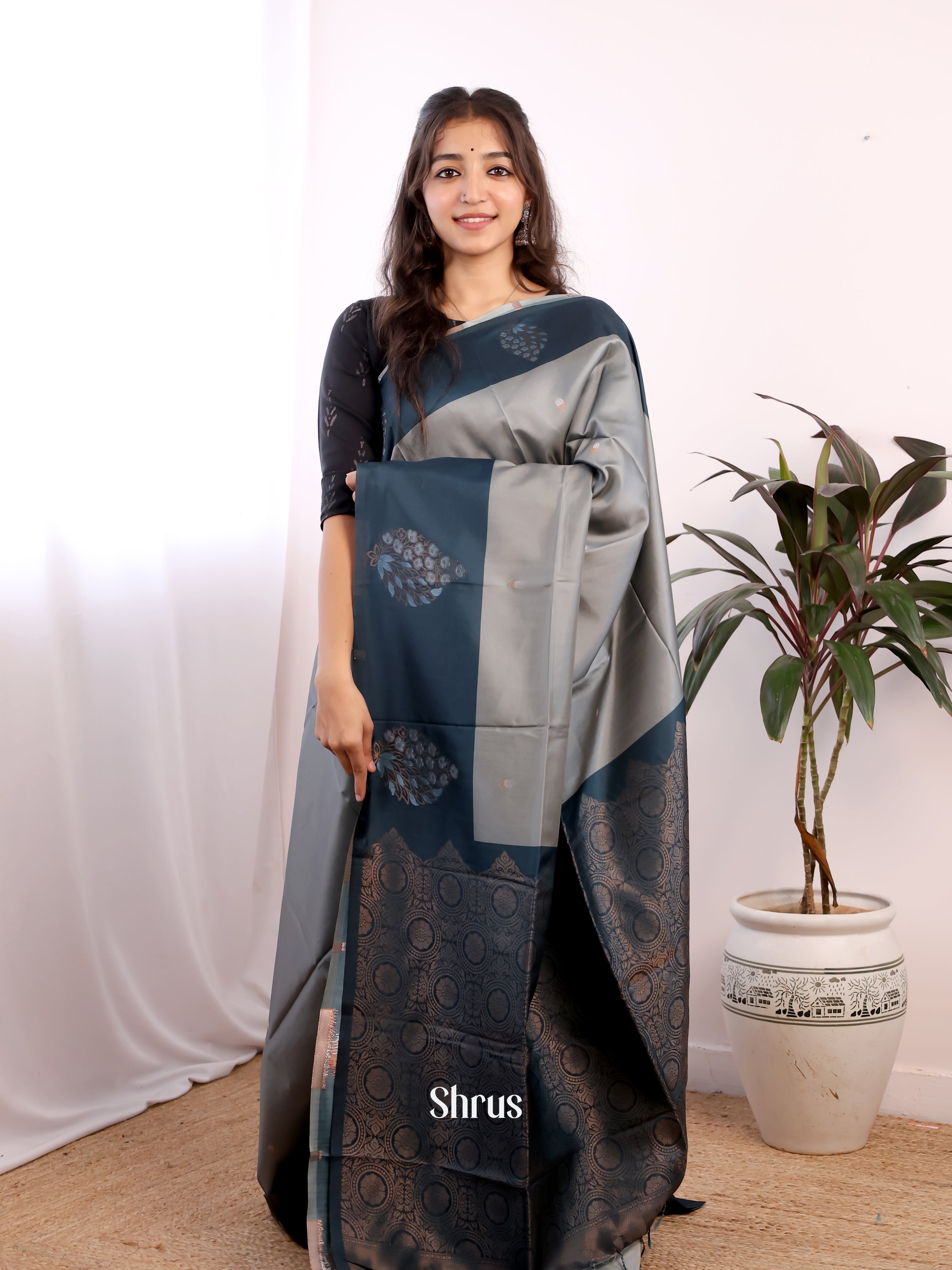 Grey & Blue - Semi Softsilk Saree - Shop on Shrus.com