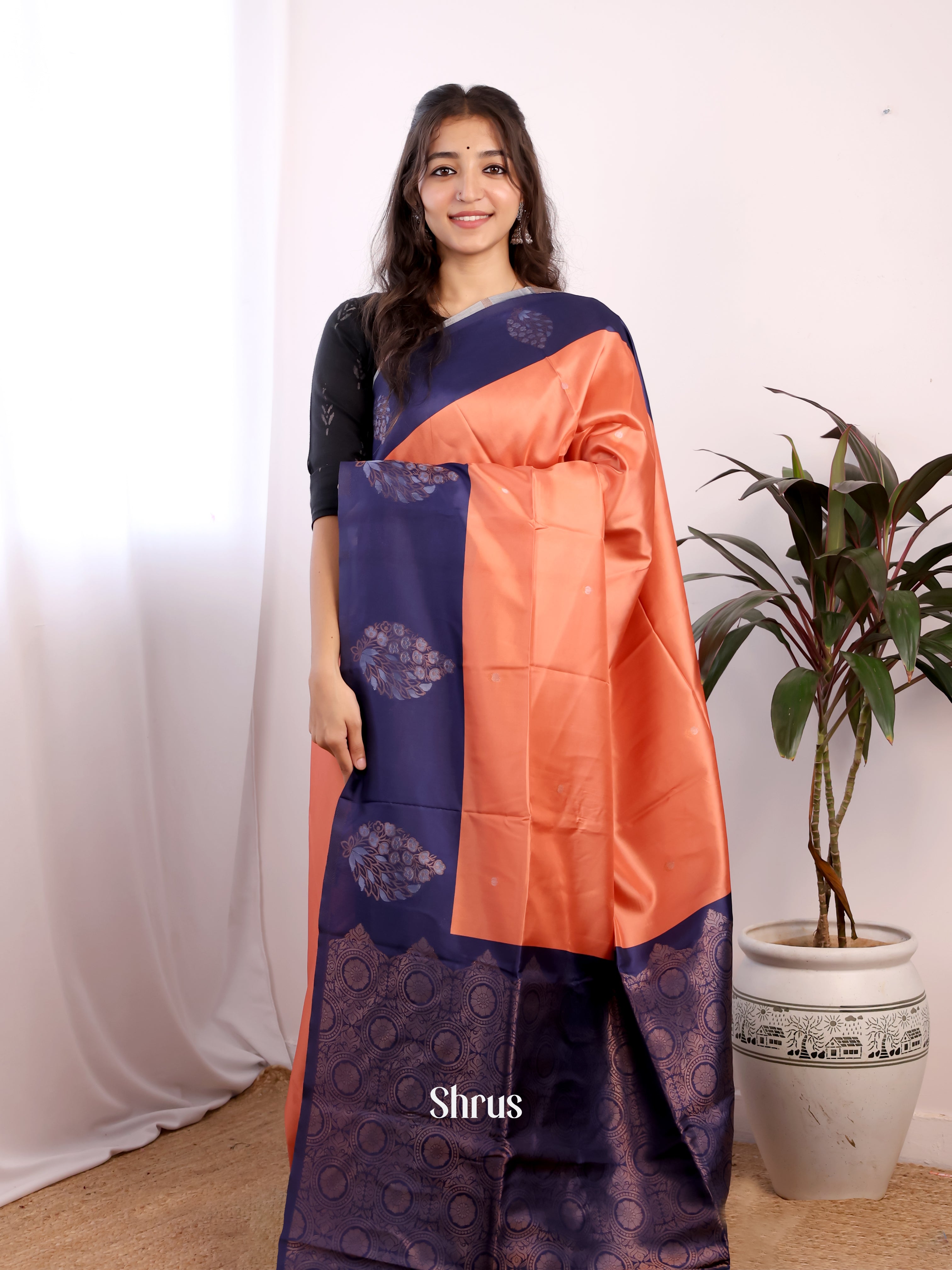 Peach & Blue- Semi Softsilk Saree - Shop on Shrus.com