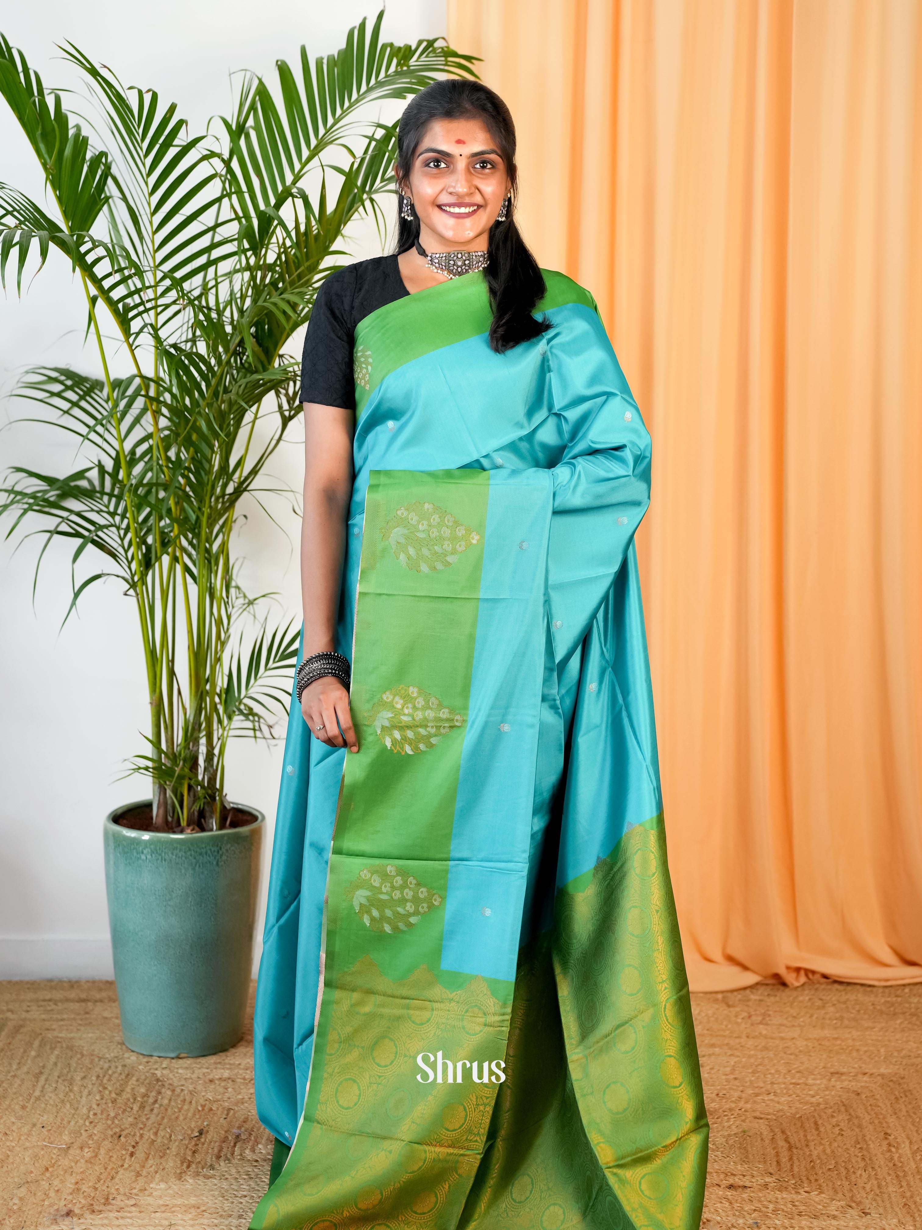 Blue & Green - Semi Softsilk Saree - Shop on Shrus.com