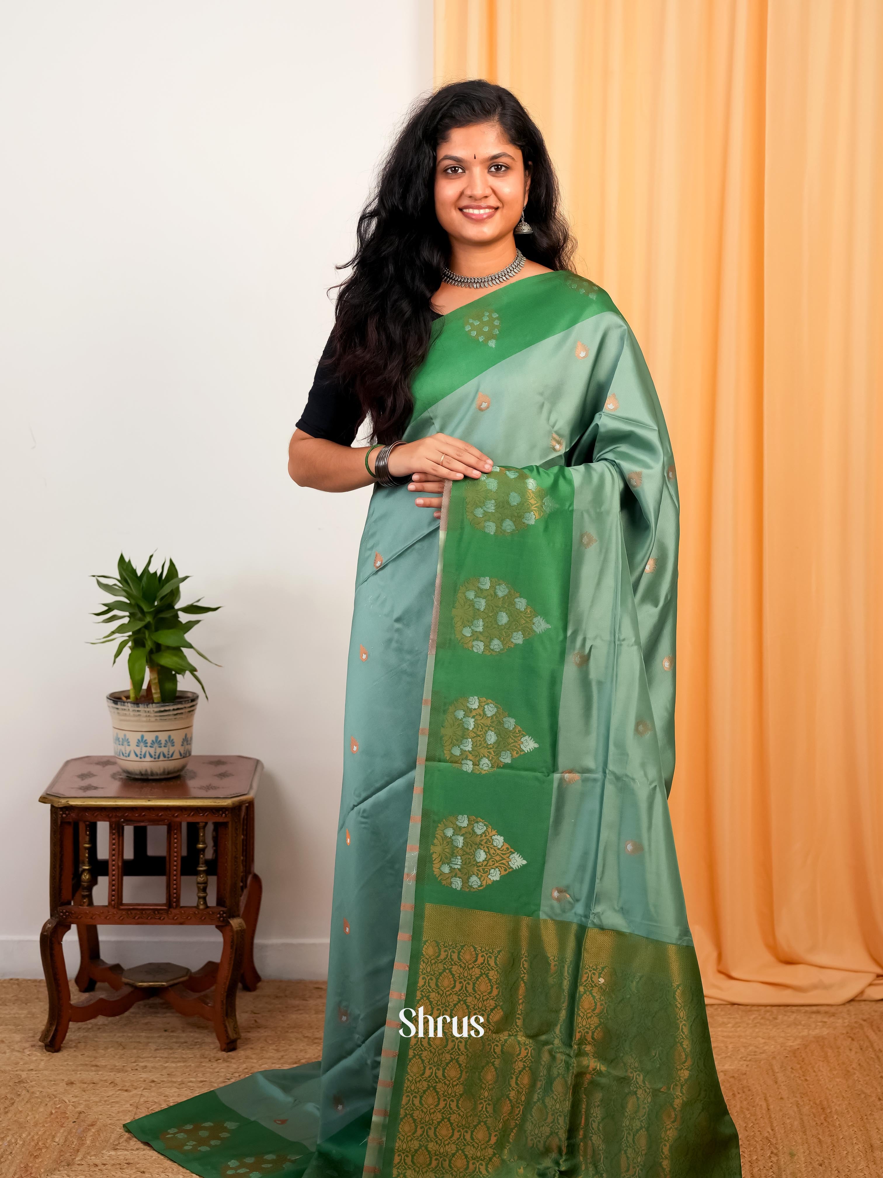 Green - Semi Softsilk Saree - Shop on Shrus.com