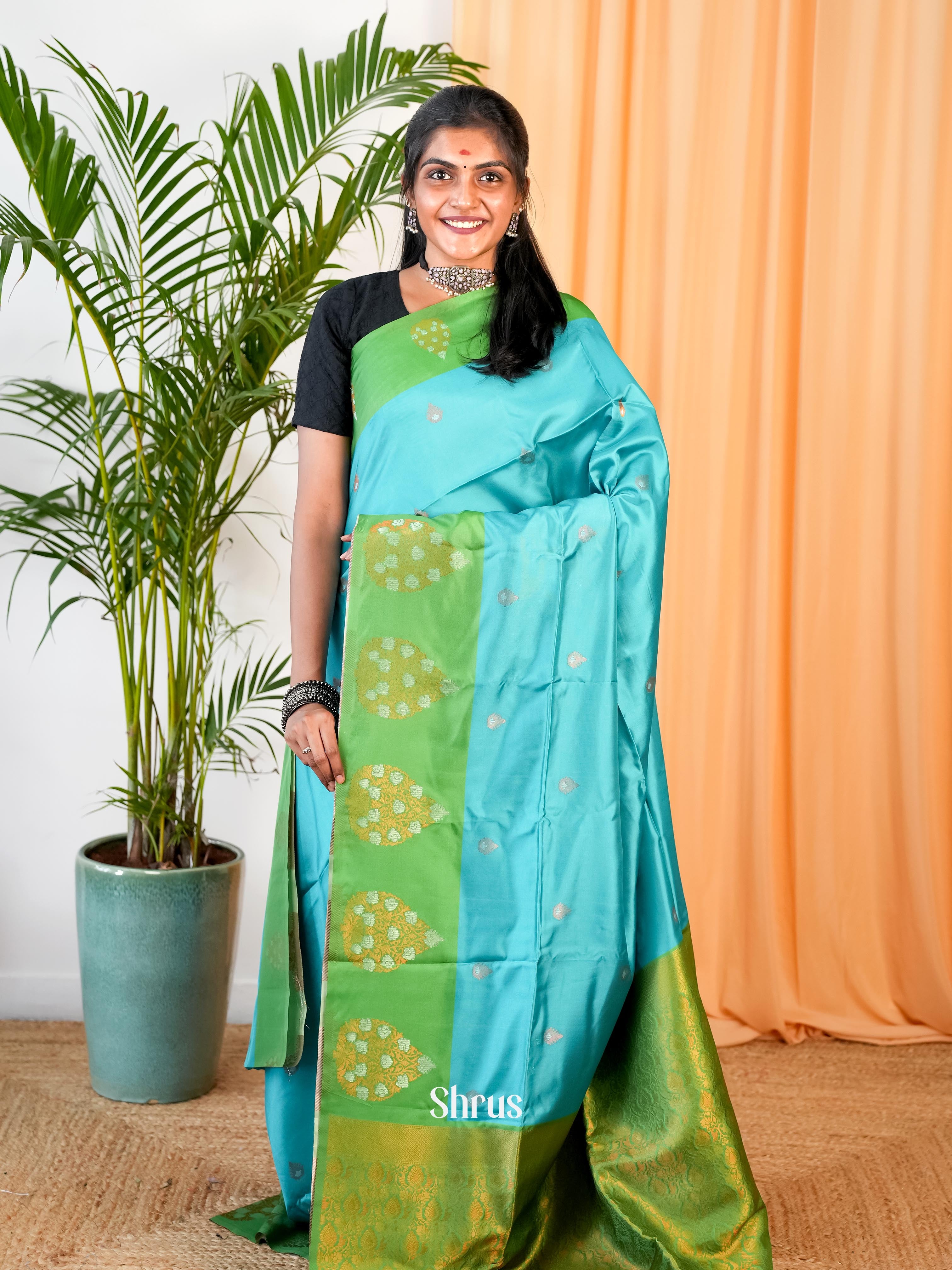 Blue & Green- Semi Softsilk Saree - Shop on Shrus.com