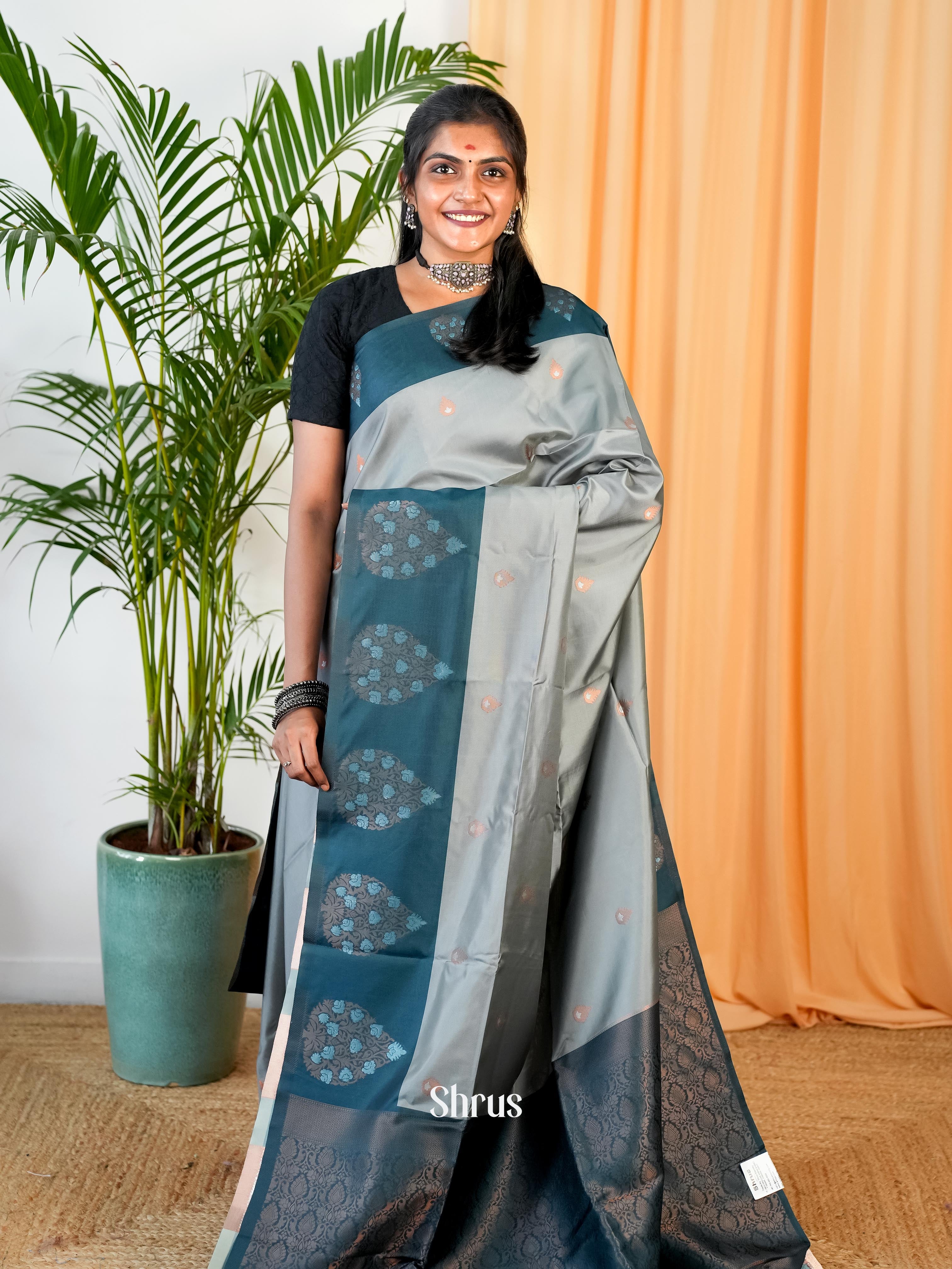 Grey & Blue- Semi Softsilk Saree - Shop on Shrus.com