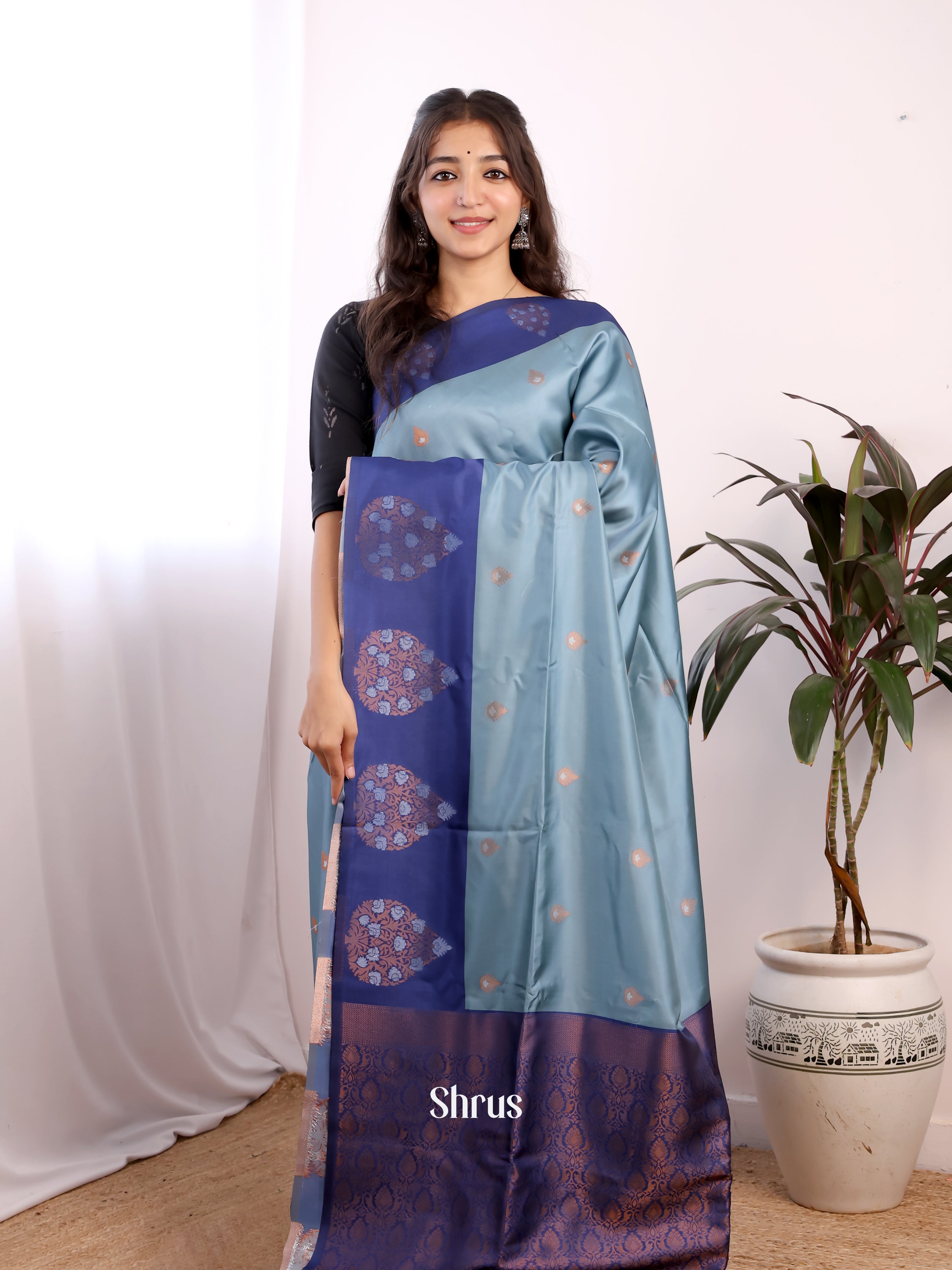 Lite Blue & Blue - Semi Softsilk Saree - Shop on Shrus.com