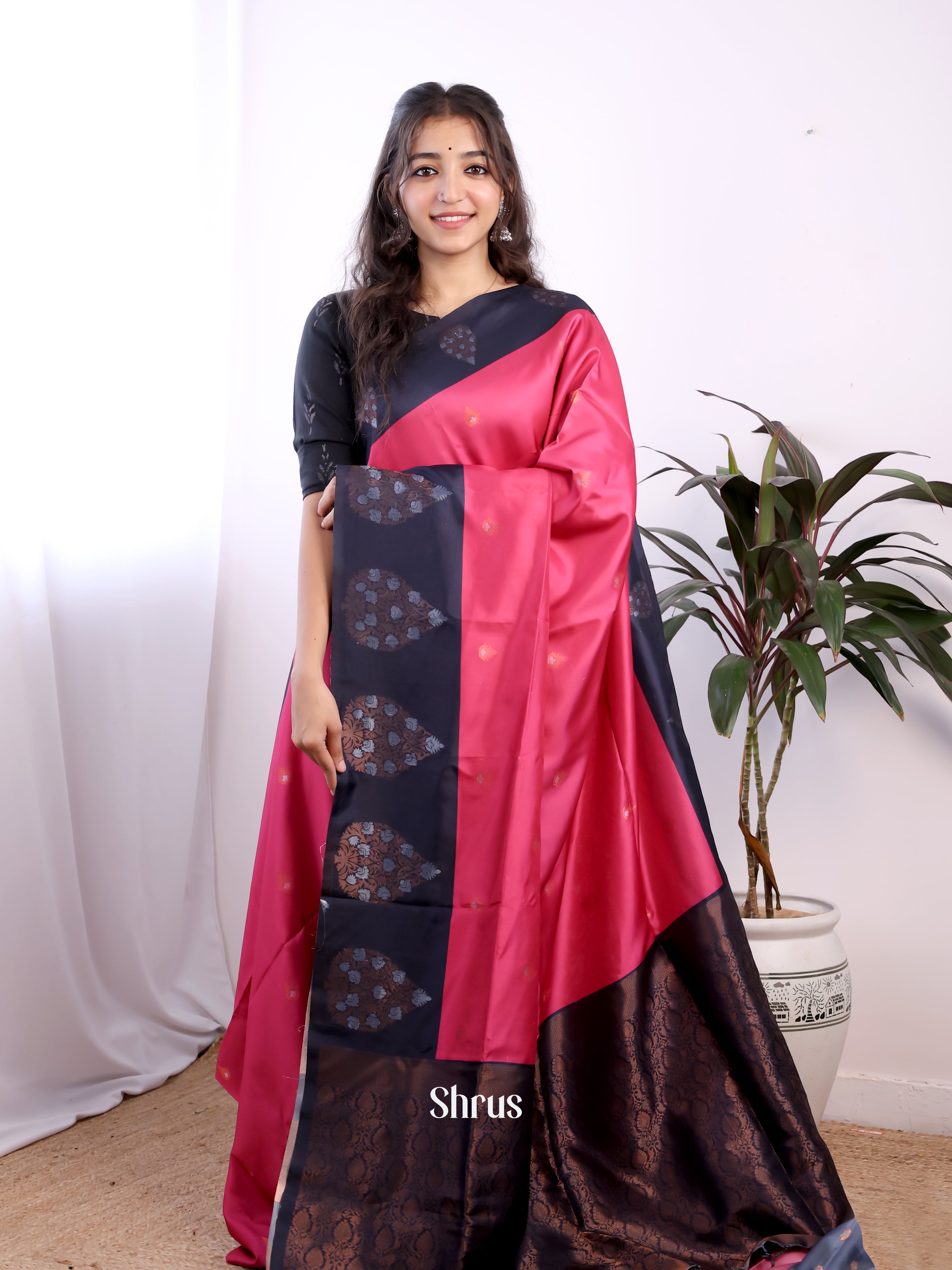 Pink & Blue - Semi Softsilk Saree - Shop on Shrus.com