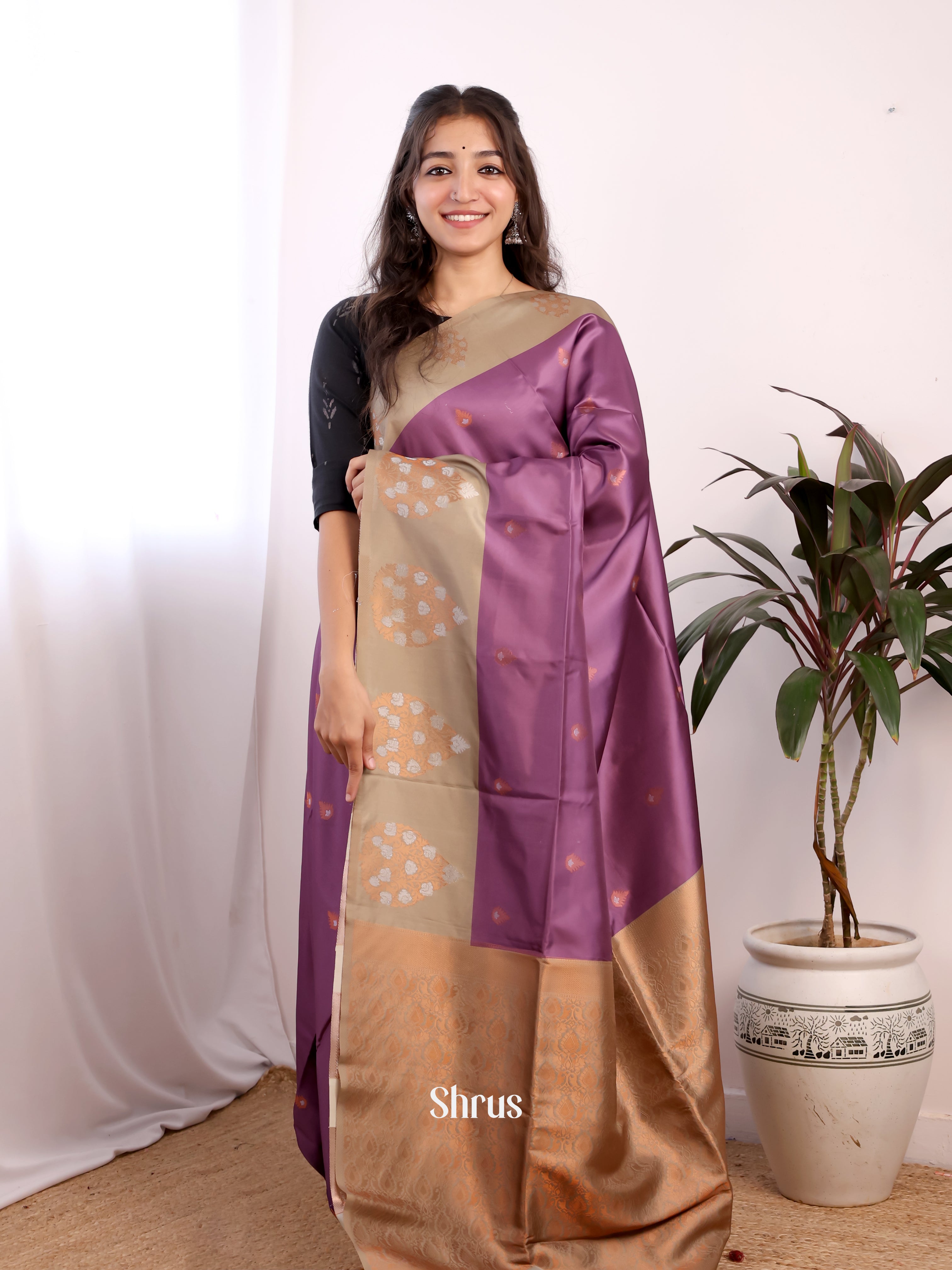 Purple & Grey - Semi Softsilk Saree - Shop on Shrus.com