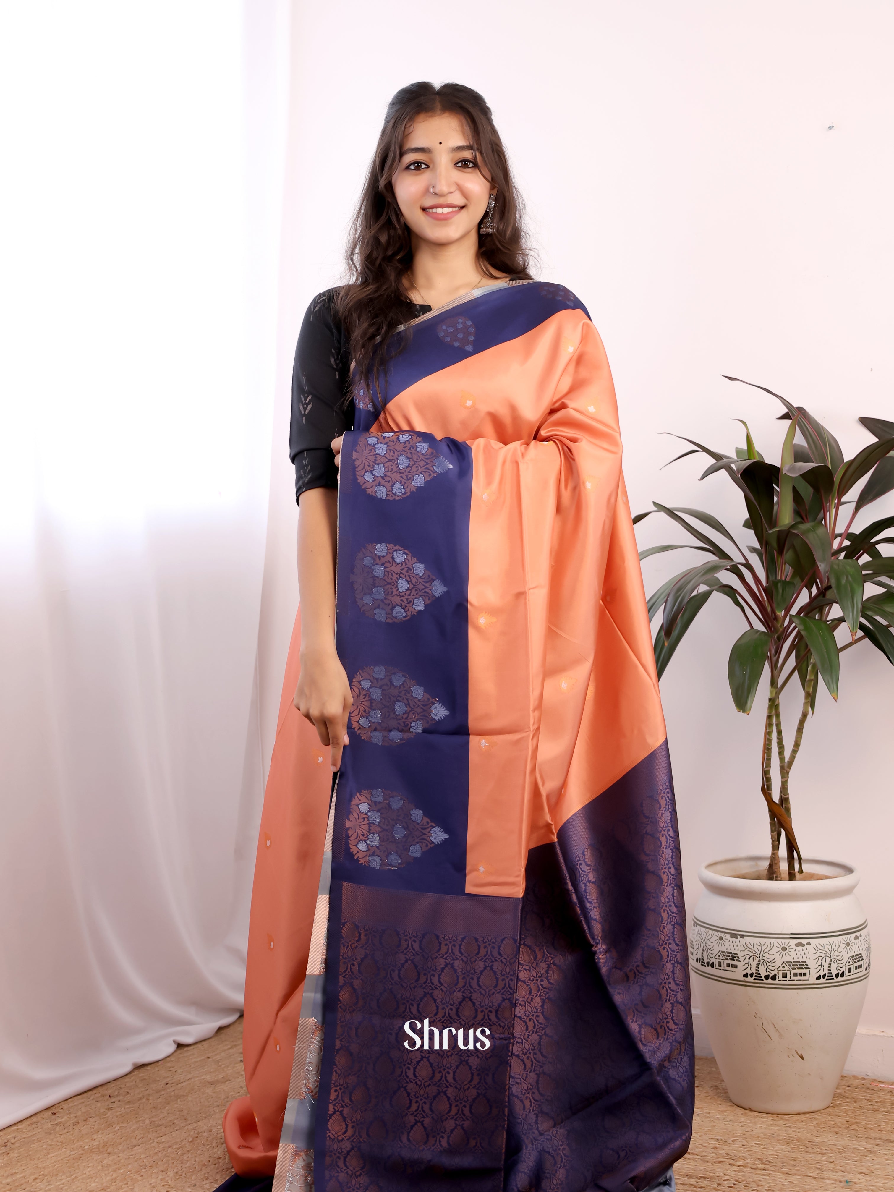 Peach & Blue - Semi Softsilk Saree - Shop on Shrus.com