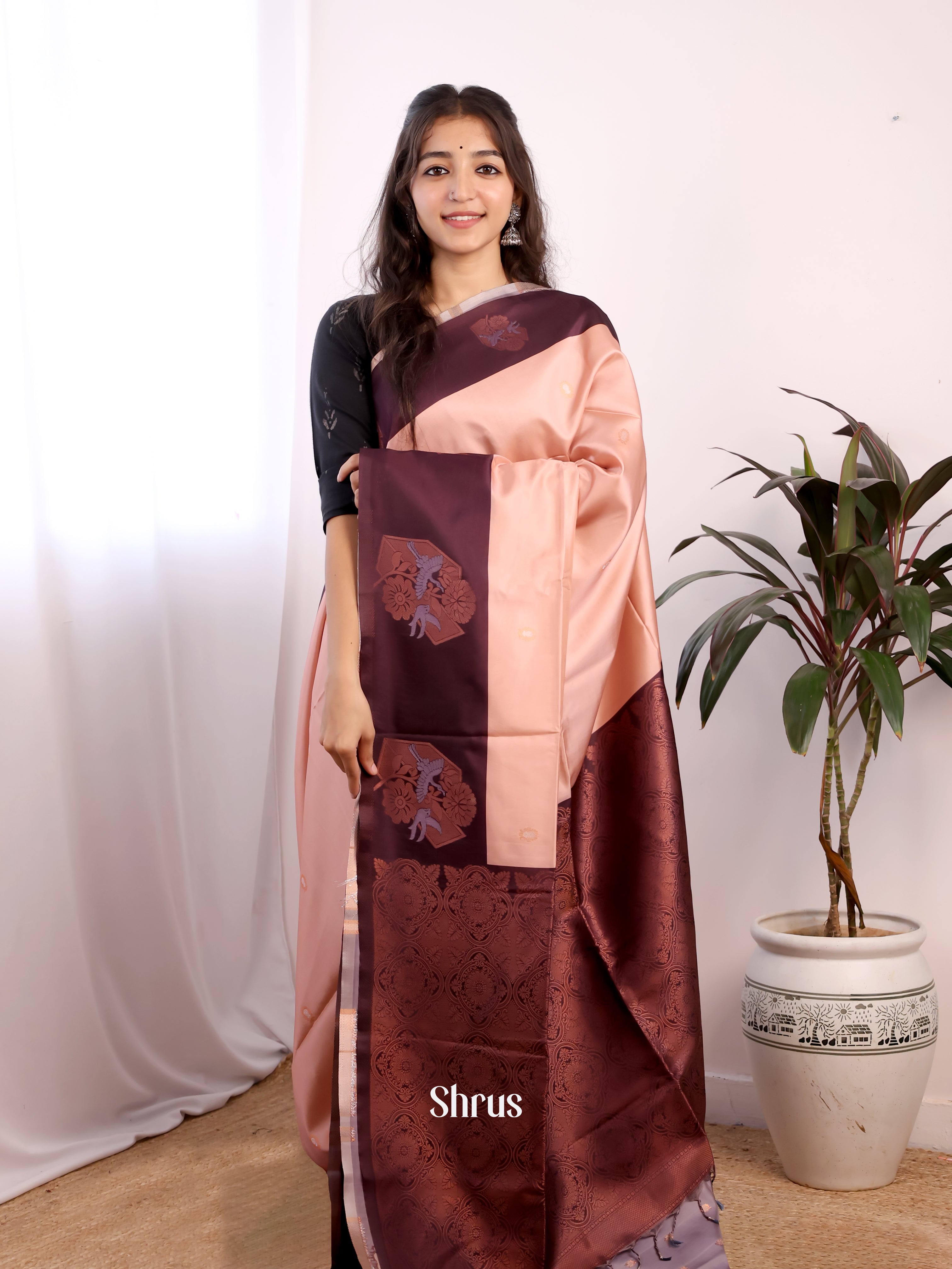 Peachish Pink & Brown - Semi Softsilk Saree - Shop on Shrus.com