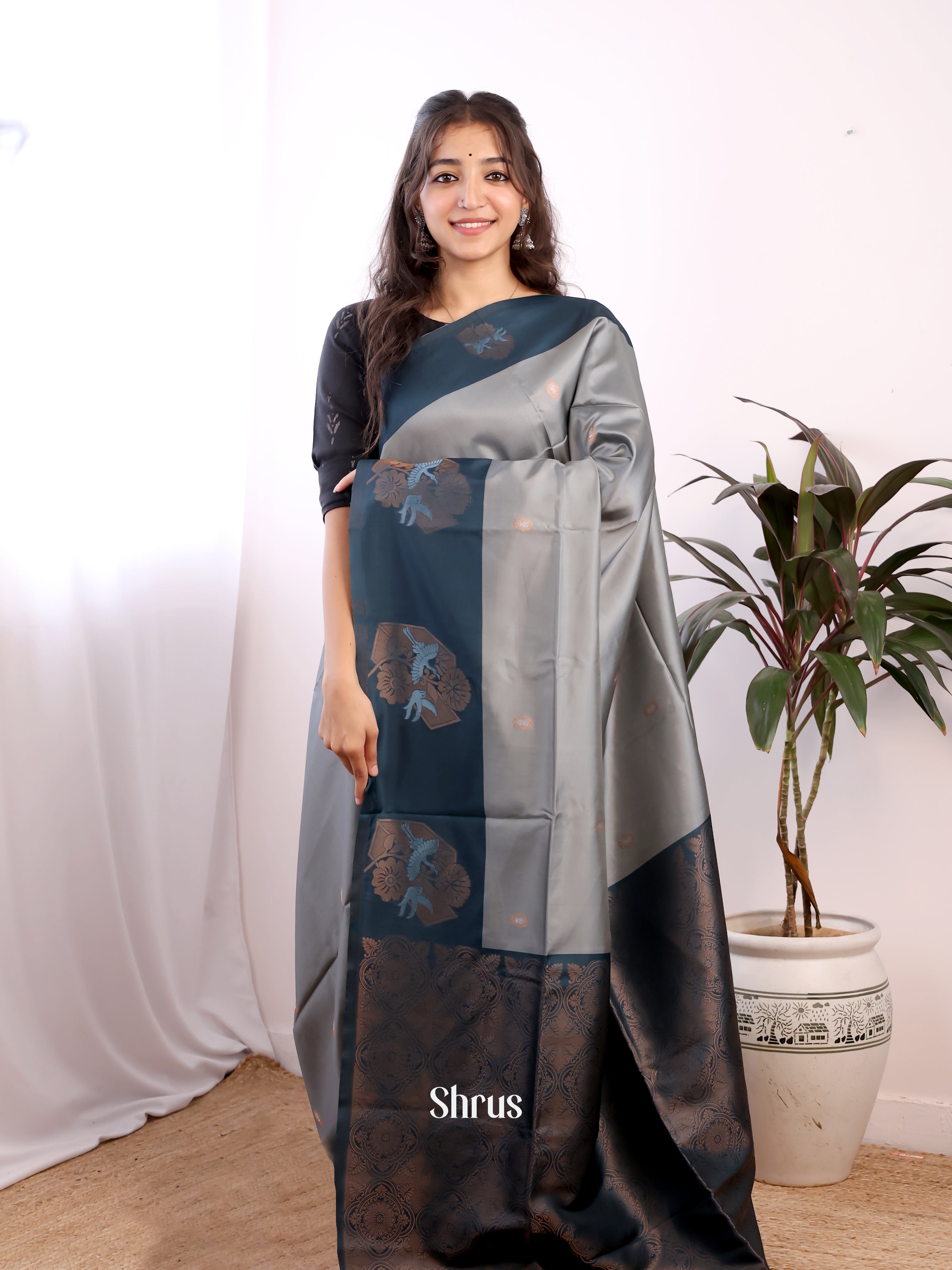 Grey & Blue - Semi Softsilk Saree - Shop on Shrus.com
