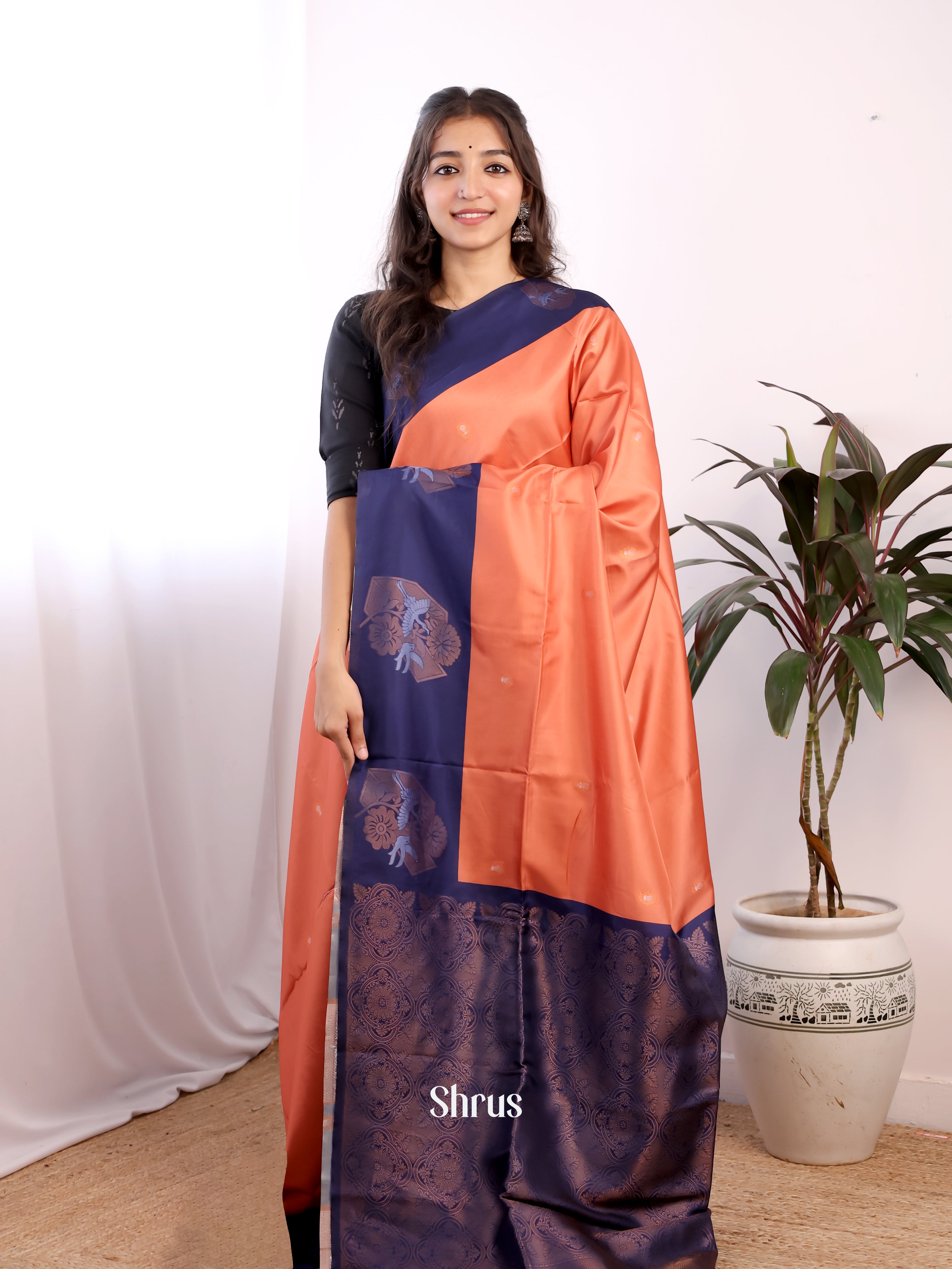 Peach & Blue- Semi Softsilk Saree - Shop on Shrus.com