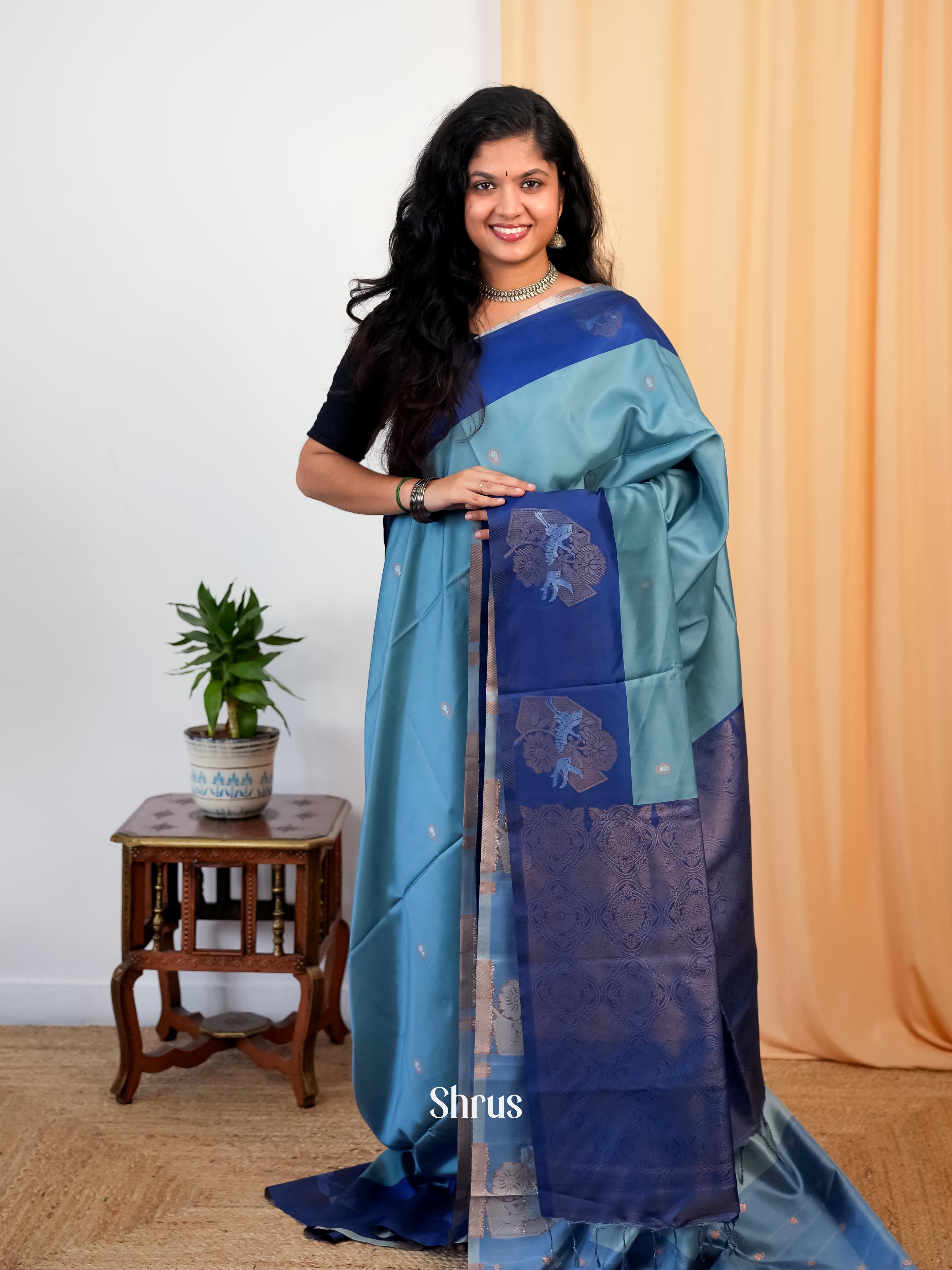 Lite Blue & Blue - Semi Softsilk Saree - Shop on Shrus.com
