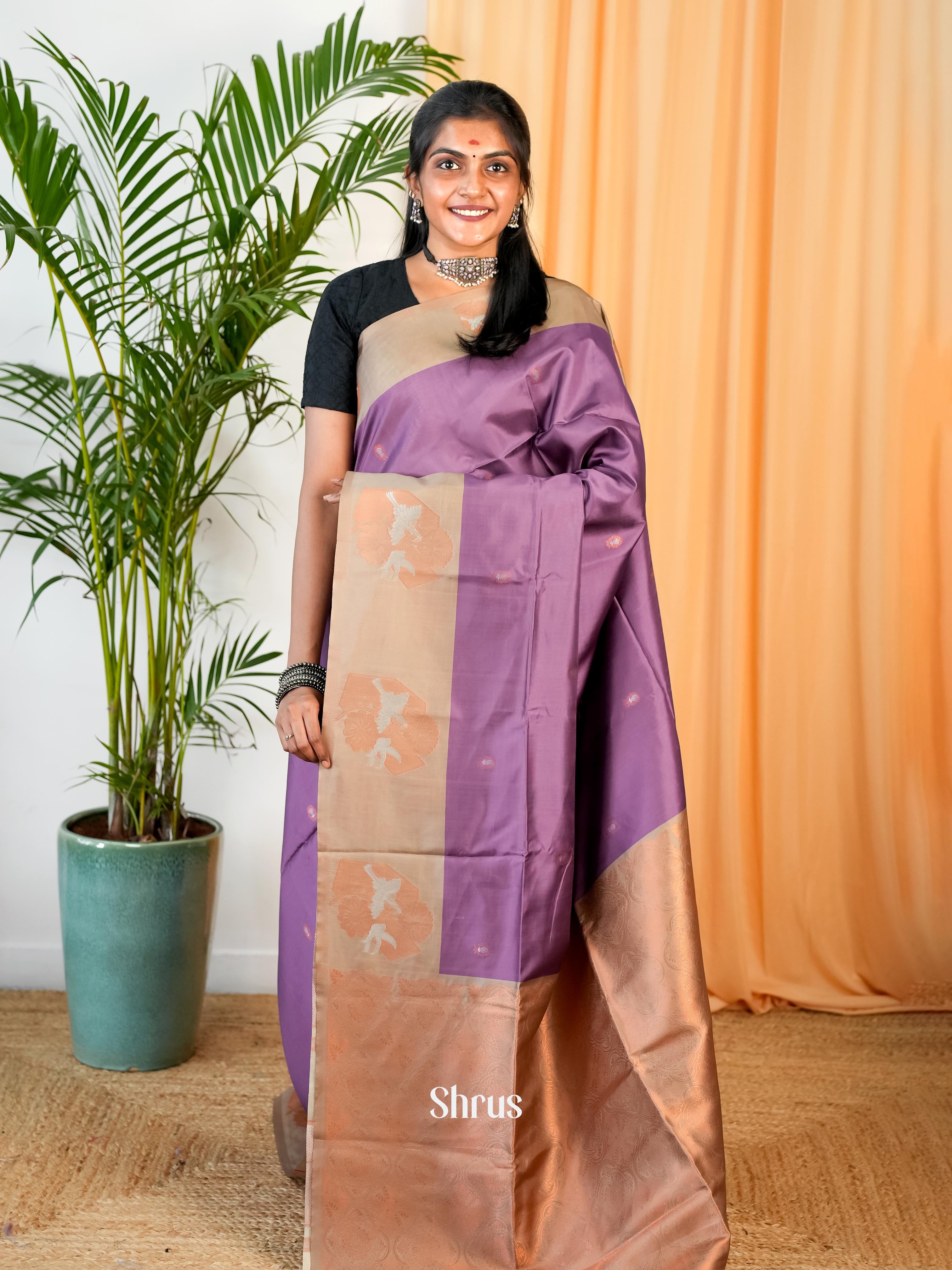 Purple & Grey- Semi Softsilk Saree - Shop on Shrus.com