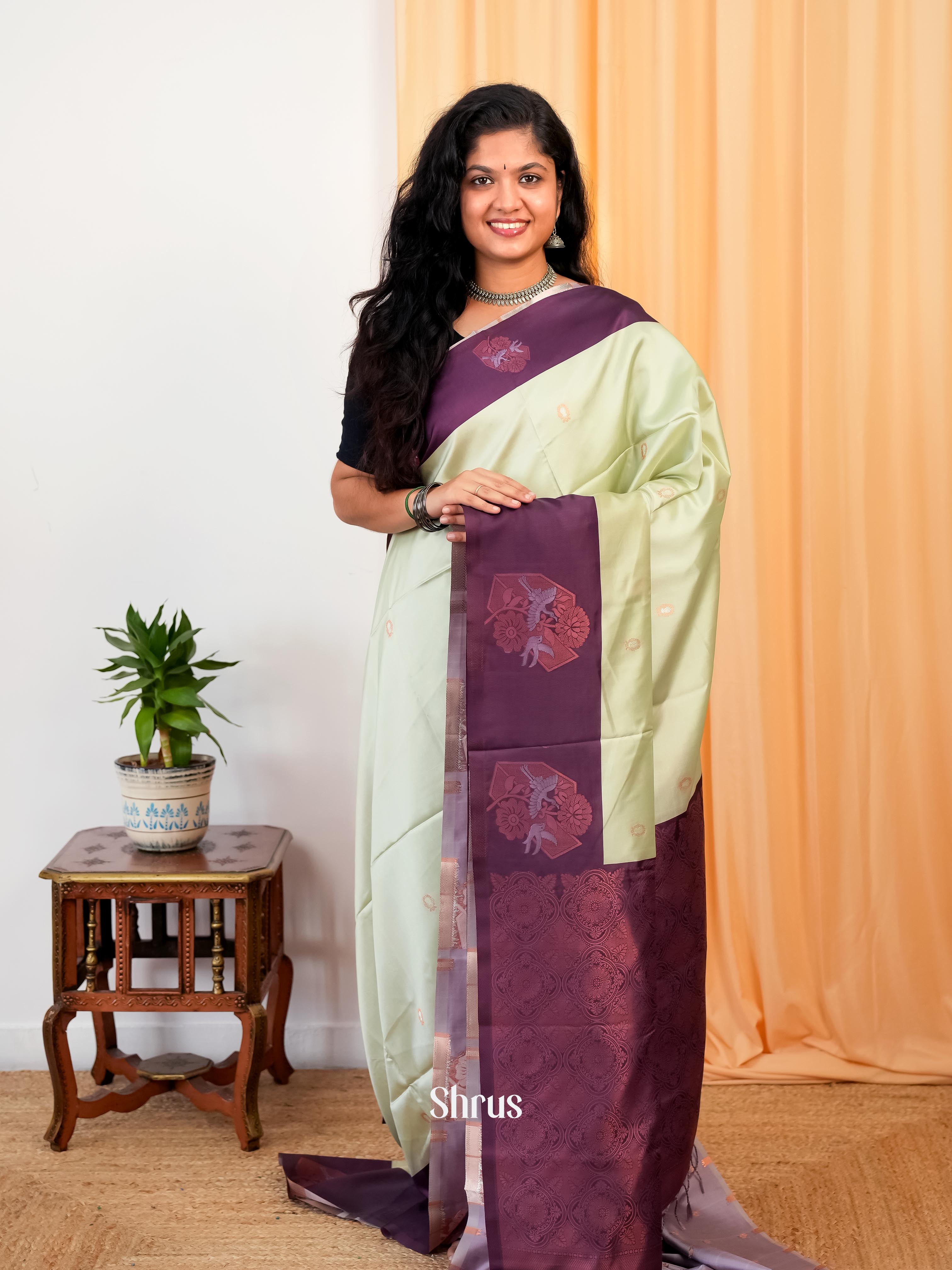 Pastel green & Purple - Semi Softsilk Saree - Shop on Shrus.com