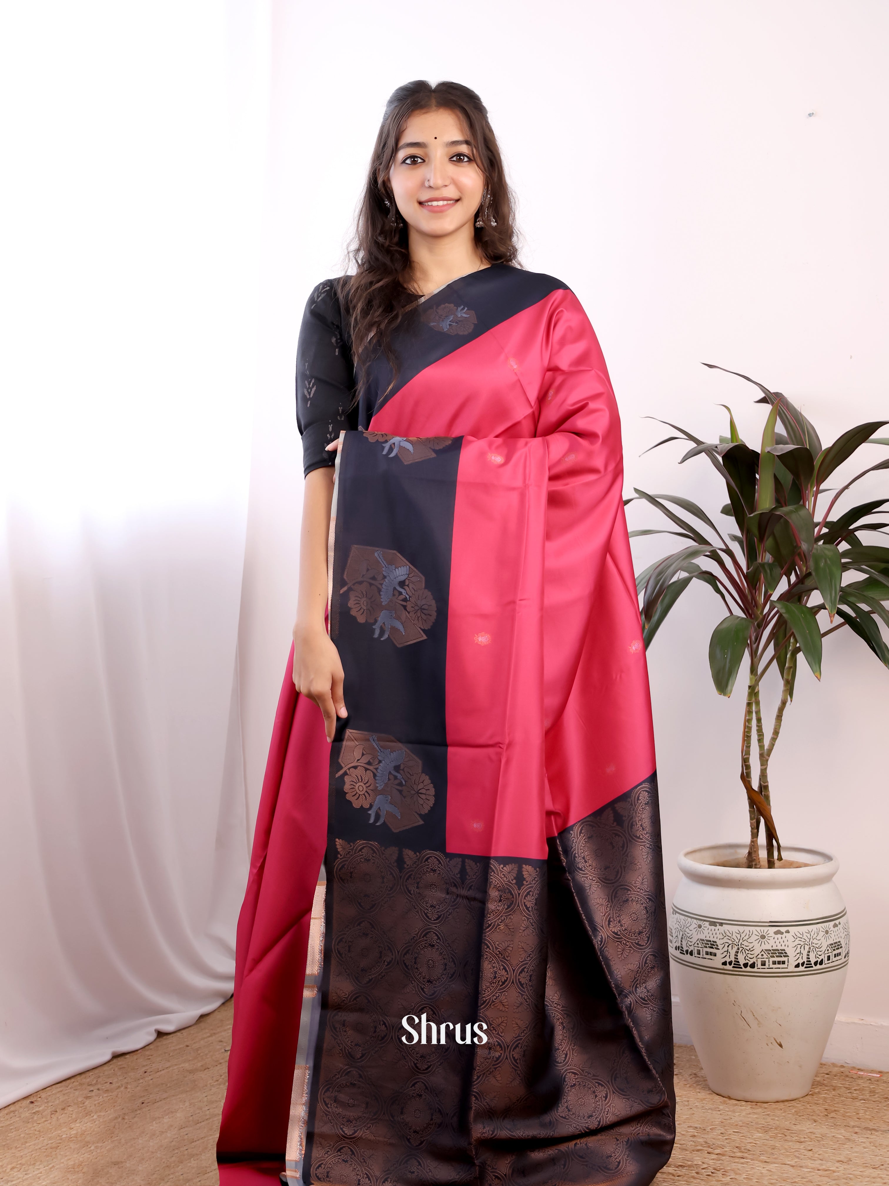 Pink - Semi Softsilk Saree - Shop on Shrus.com