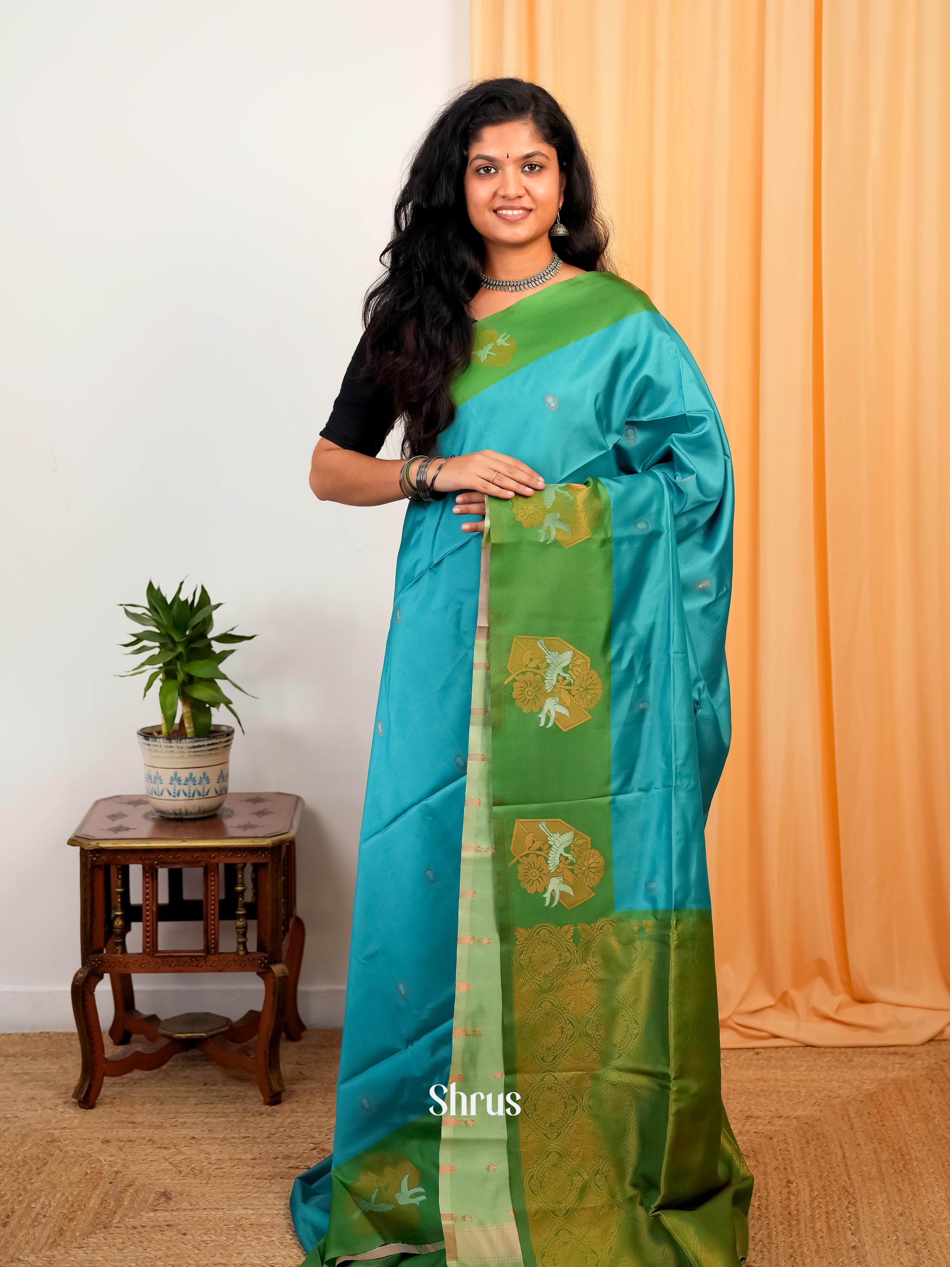 Blue & Green- Semi Softsilk Saree - Shop on Shrus.com