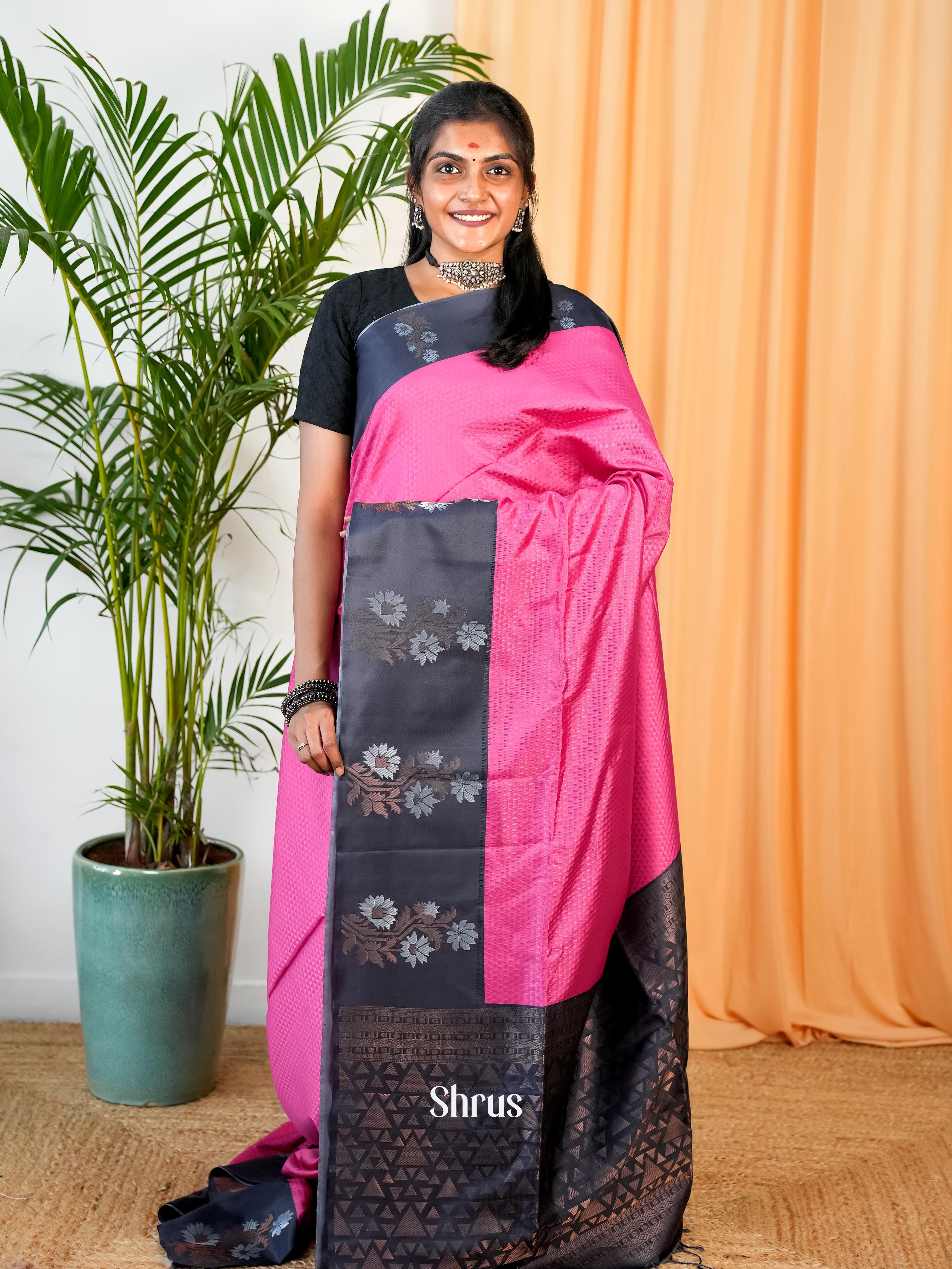 Pink & Black - Semi Softsilk Saree - Shop on Shrus.com