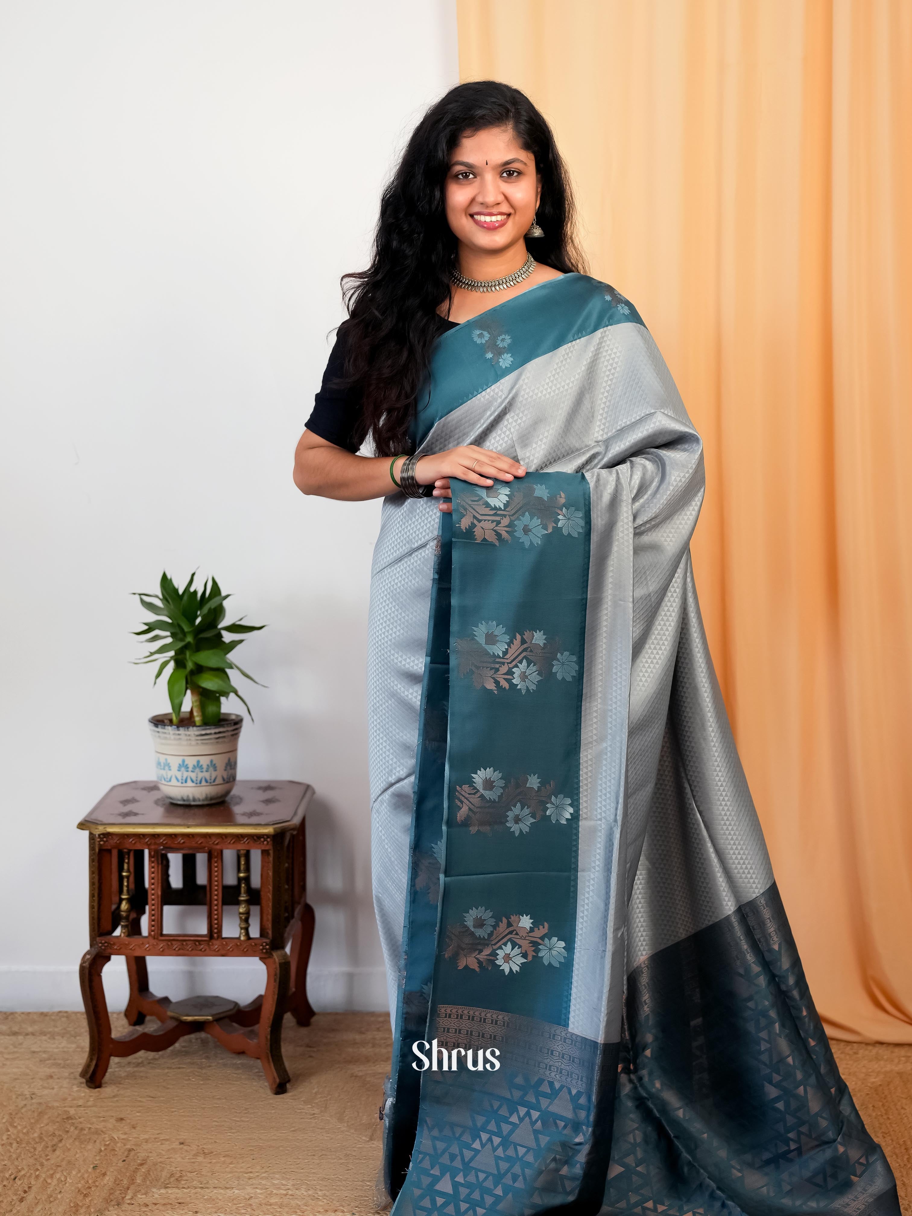 Grey & Blue - Semi Softsilk Saree - Shop on Shrus.com