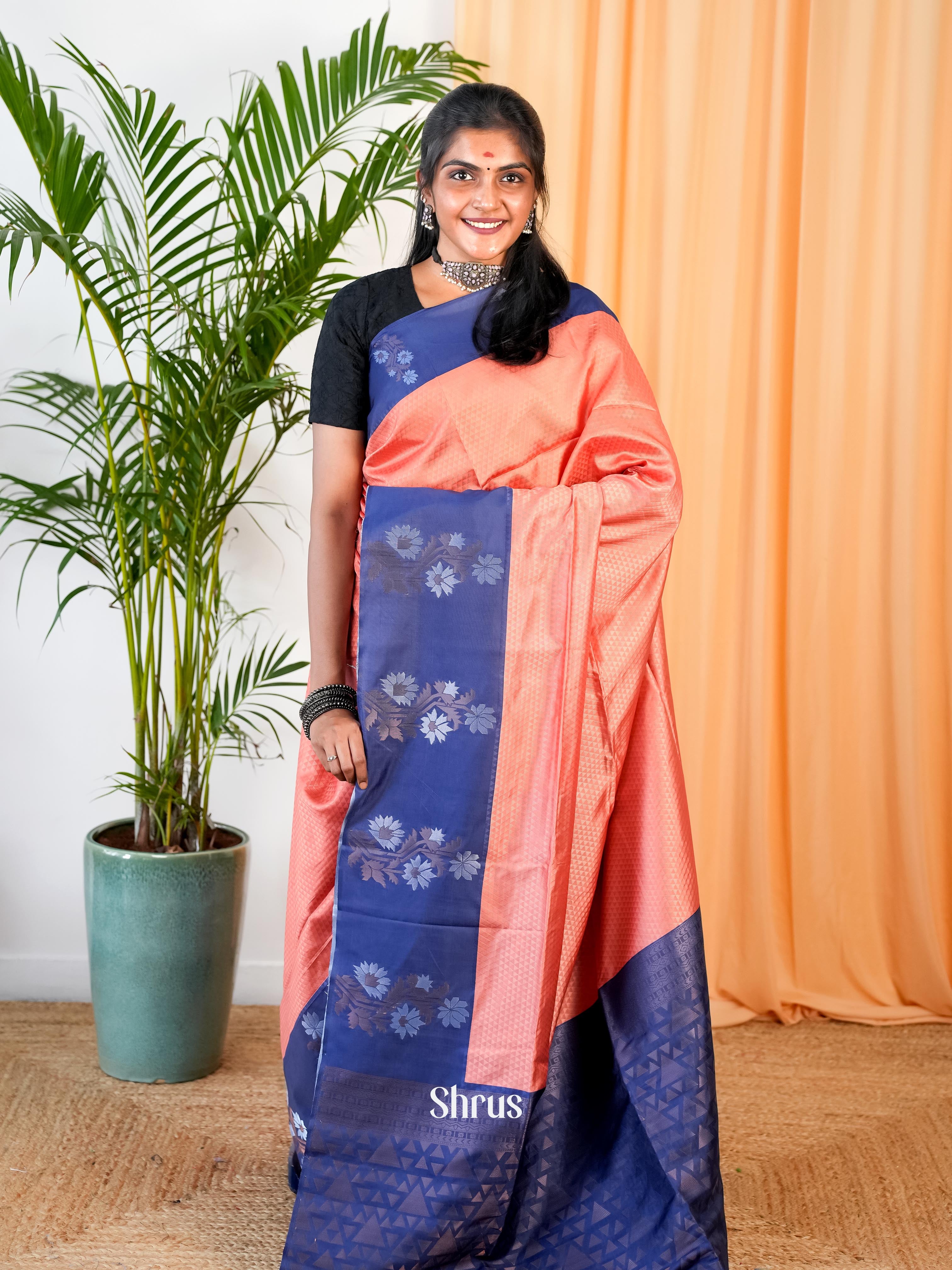 Peach & Blue - Semi Softsilk Saree - Shop on Shrus.com